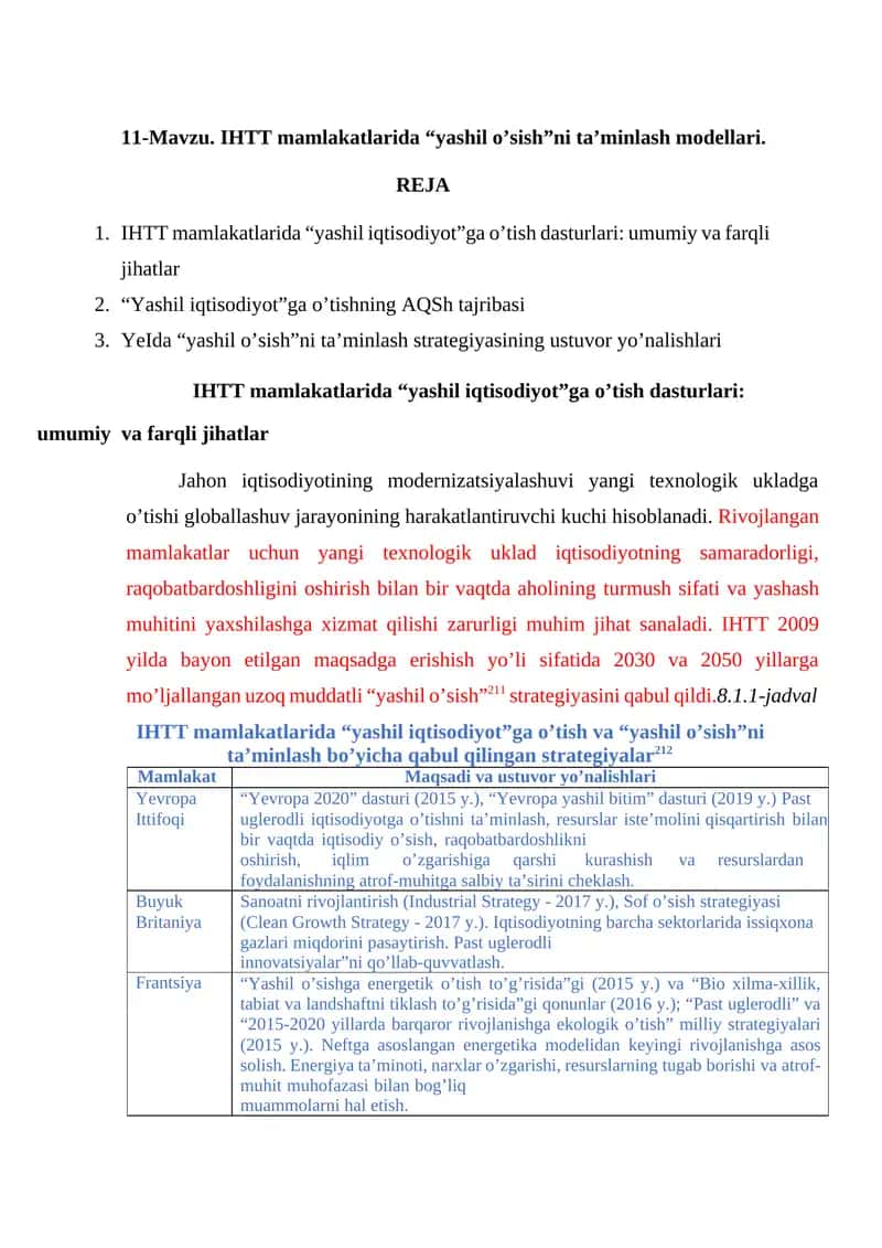 IHTT mamlakatlarida “yashil iqtisodiyot”ga o’tish dasturlari: umumiy va farqli jihatlar 1