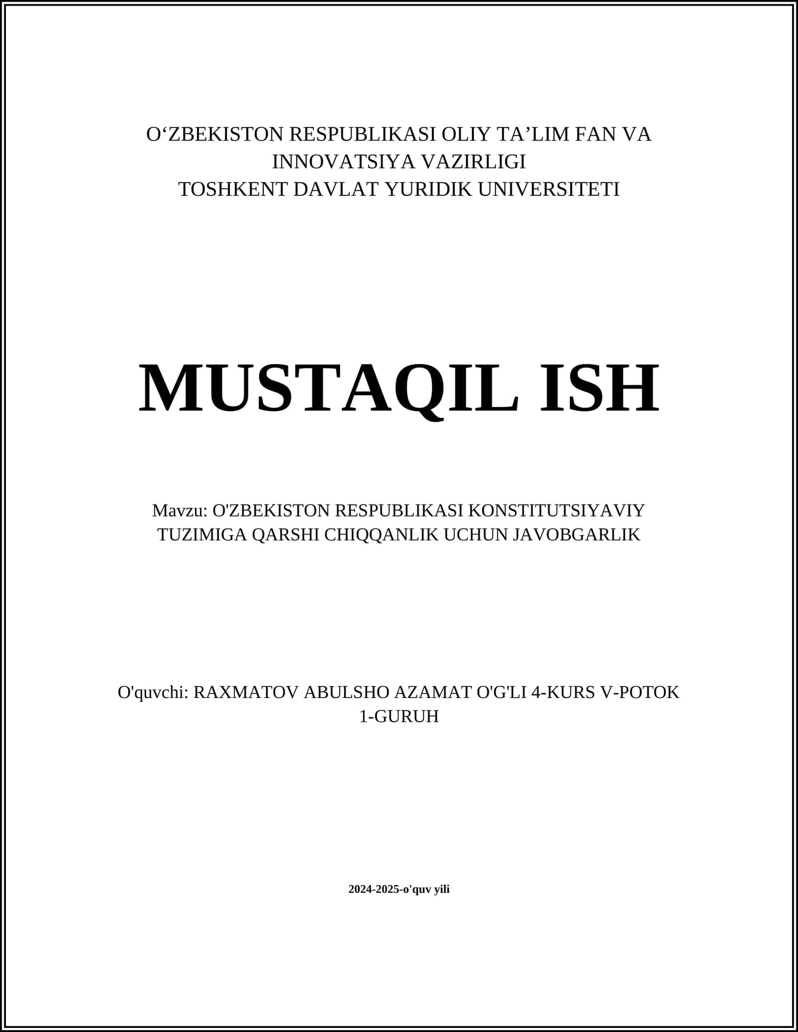 O'ZBEKISTON RESPUBLIKASI KONSTITUTSIYAVIY TUZIMIGA QARSHI CHIQQANLIK UCHUN JAVOBGARLIK 1