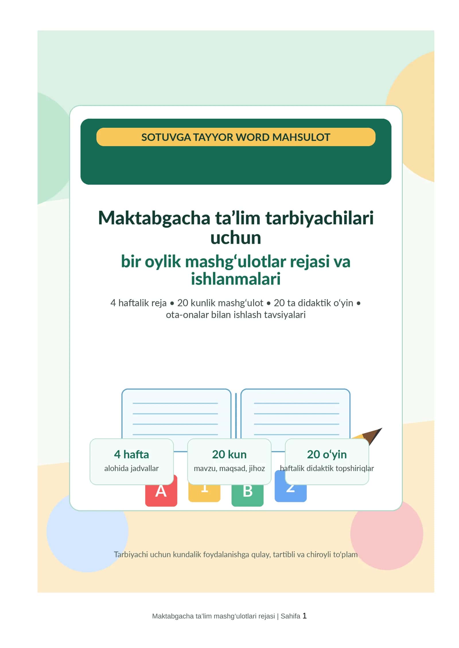 Maktabgacha ta’lim tarbiyachilari uchun bir oylik mashg‘ulotlar rejasi va ishlanmalari 1