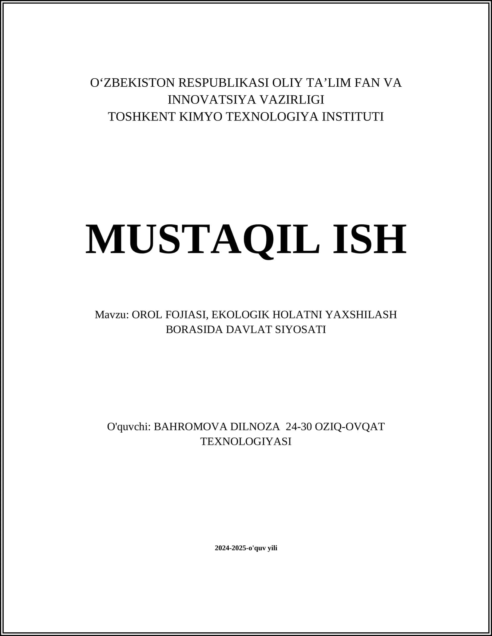 OROL FOJIASI, EKOLOGIK HOLATNI YAXSHILASH BORASIDA DAVLAT SIYOSATI 1