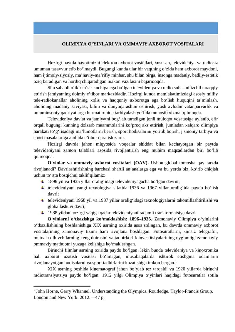 Olimpiya O‘yinlari va Ommaviy Axborot Vositalari 1
