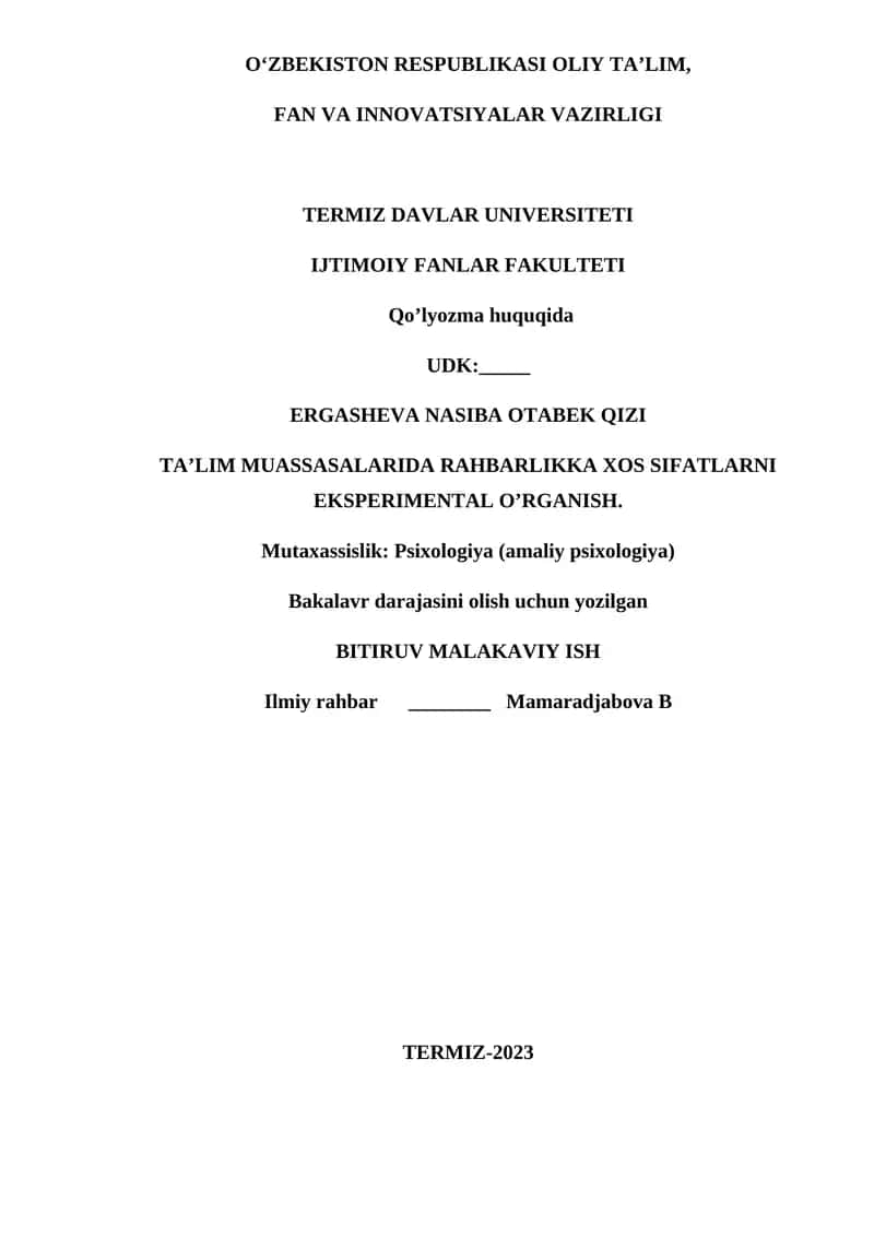 Ta’lim Muassasalarida Rahbarga Xos Sifatların Ekperimental O’rganish 1