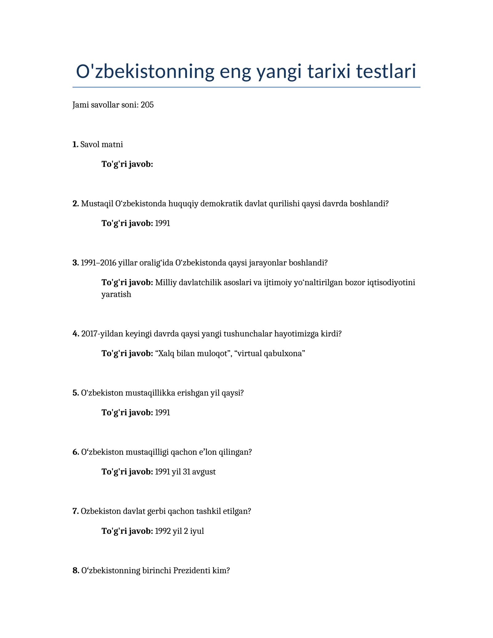 O'zbekistonning eng yangi tarixi testlari 1