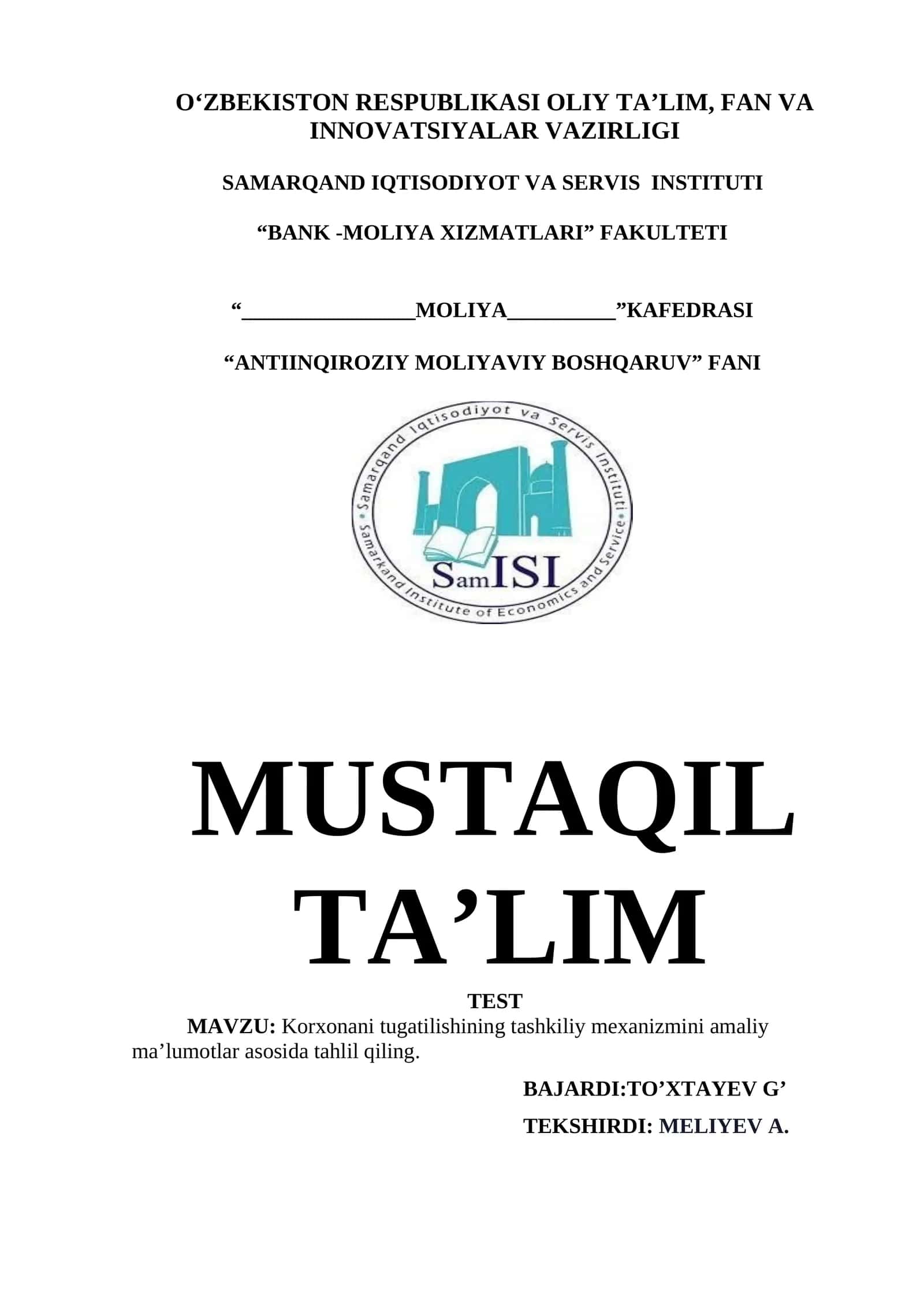 ANTIINQIROZIY MOLIYAVIY BOSHQARUV 1