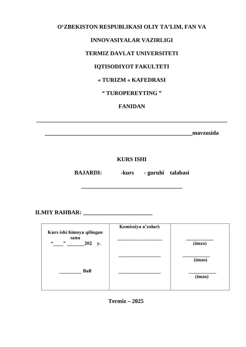 turistik xizmatlar tizimida animatsion dasturlarni tashkil etish, ularning turlari, mazmuni, tashkiliy jihatlari hamda mijozlarga ko‘rsatiladigan xizmatlar sifatiga ta’sirini o‘rganish 1