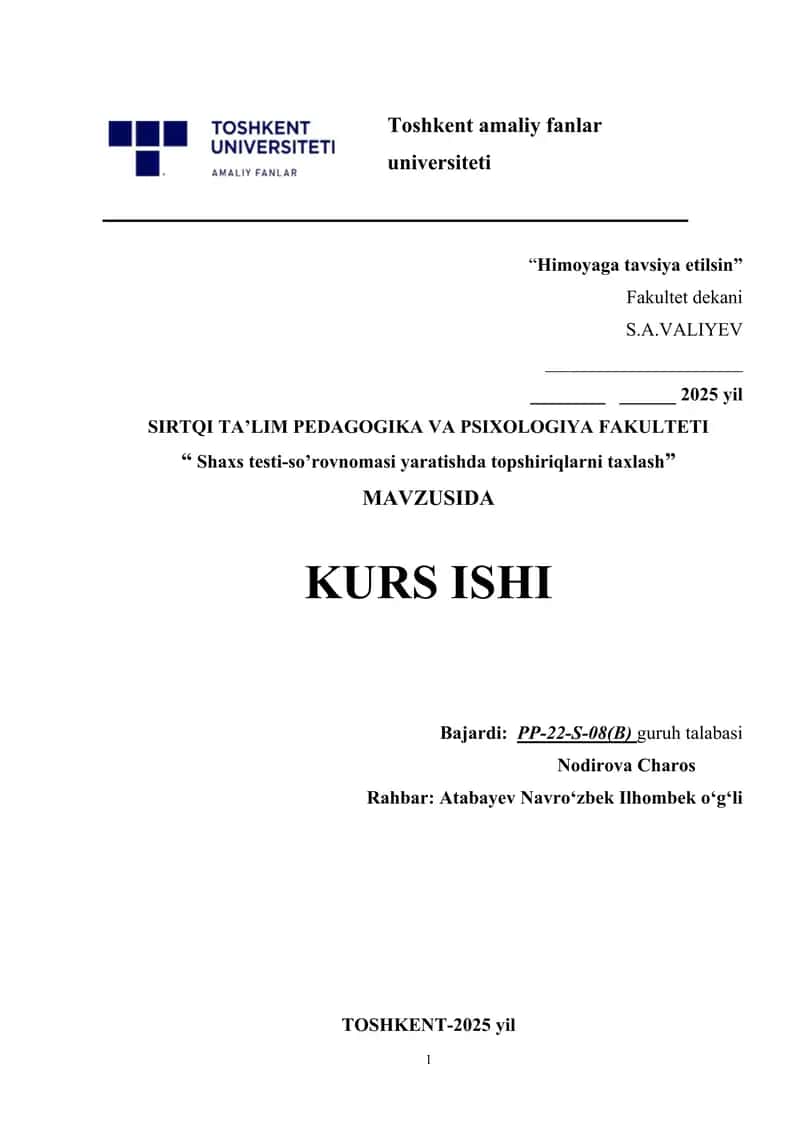 Shaxs testi-so’rovnomasi yaratishda topshiriqlarni taxlash 1