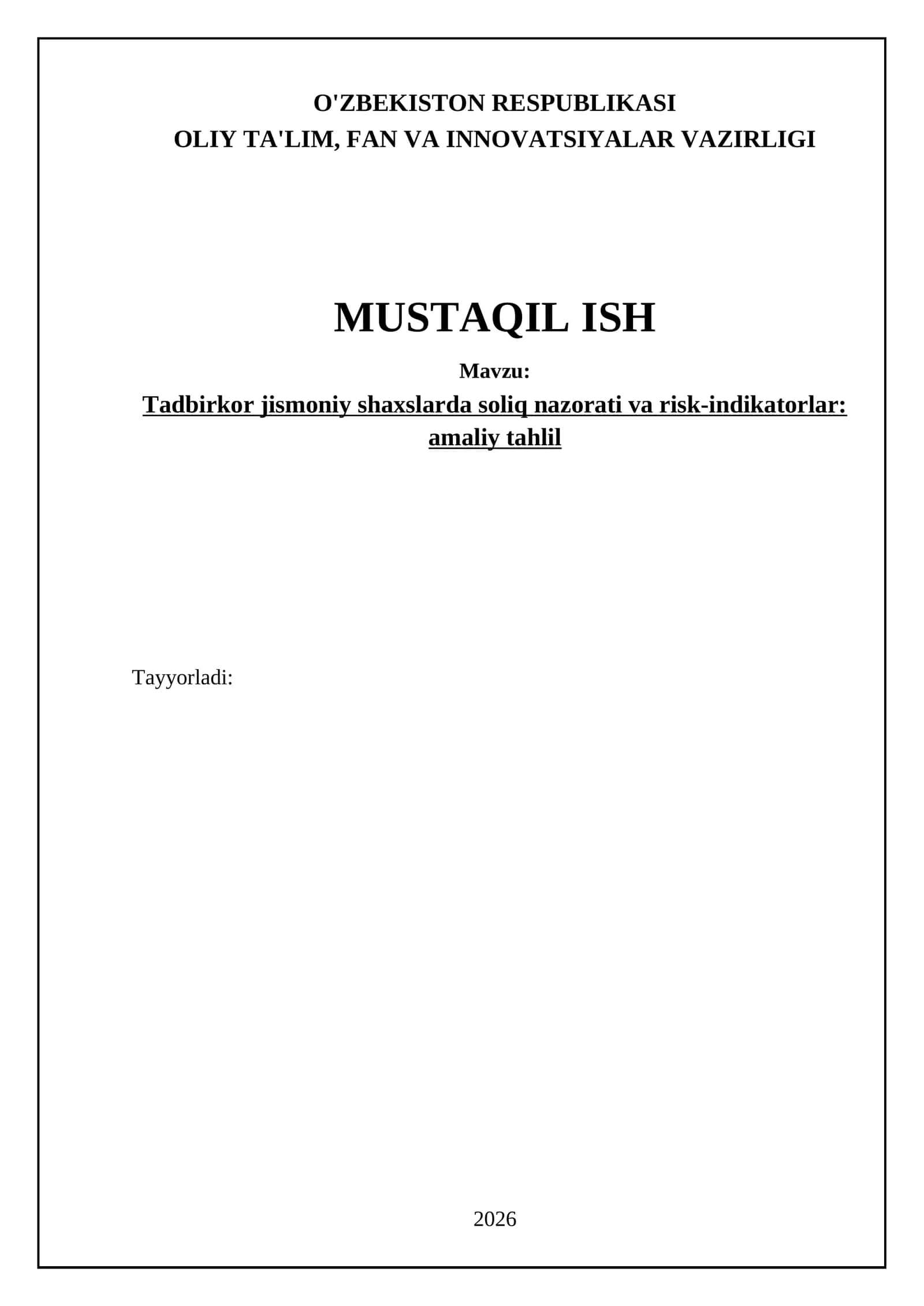 Tadbirkor jismoniy shaxslarda soliq nazorati va risk-indikatorlar: amaliy tahlil 1
