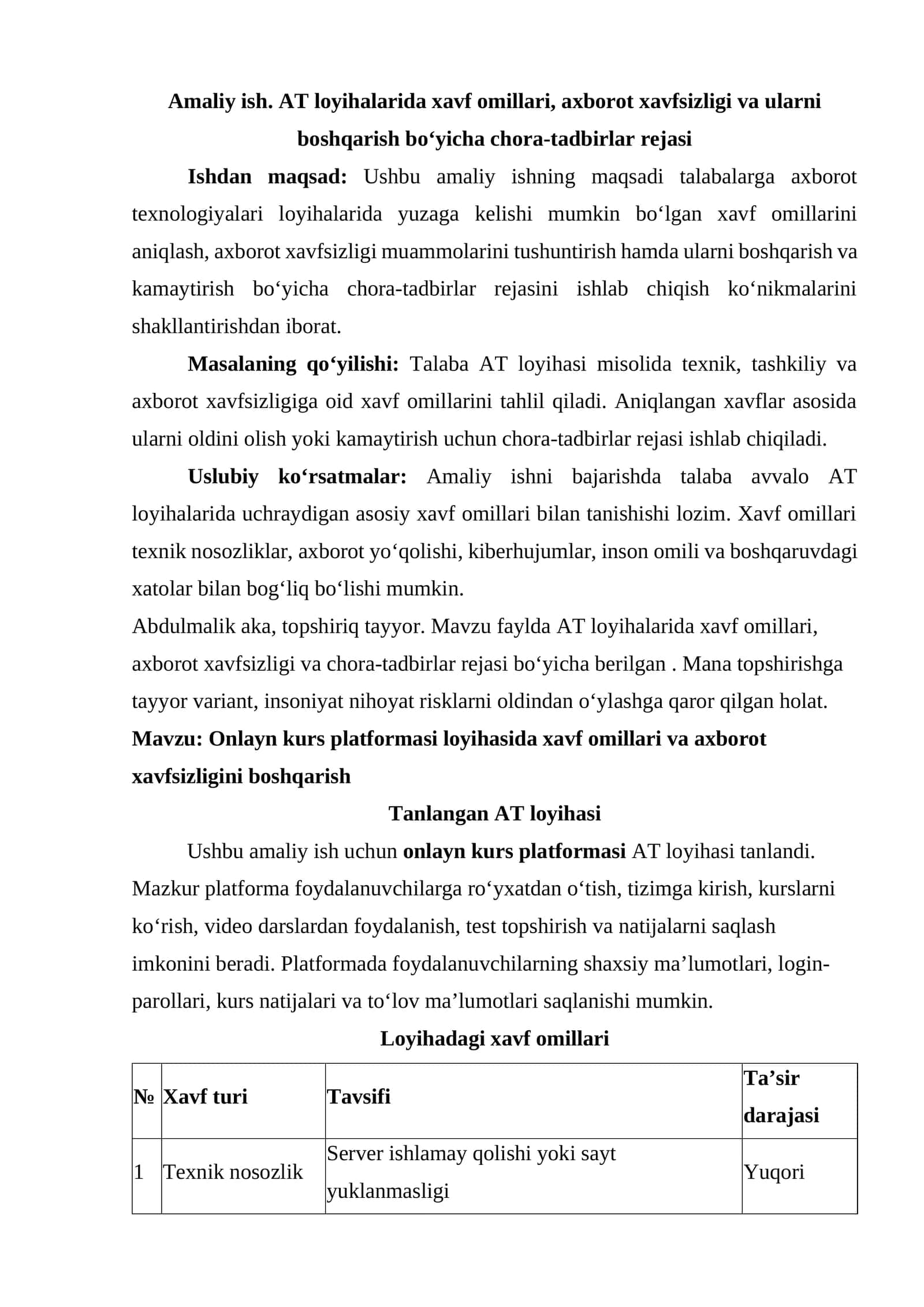 AT loyihalarida xavf omillari, axborot xavfsizligi va ularni boshqarish boʻyicha chora-tadbirlar rejasi 1
