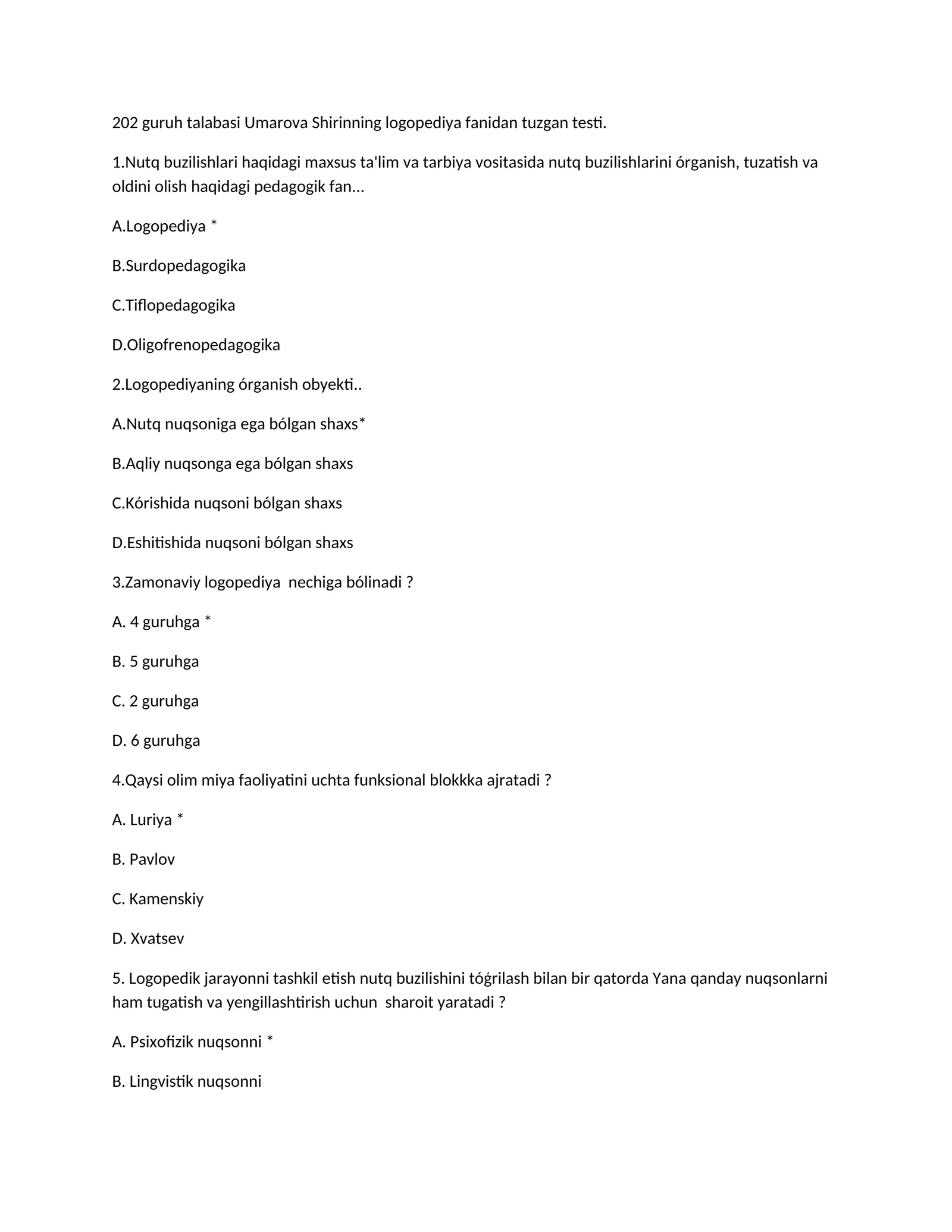 Logopediya fanidan tuzgan testi 1