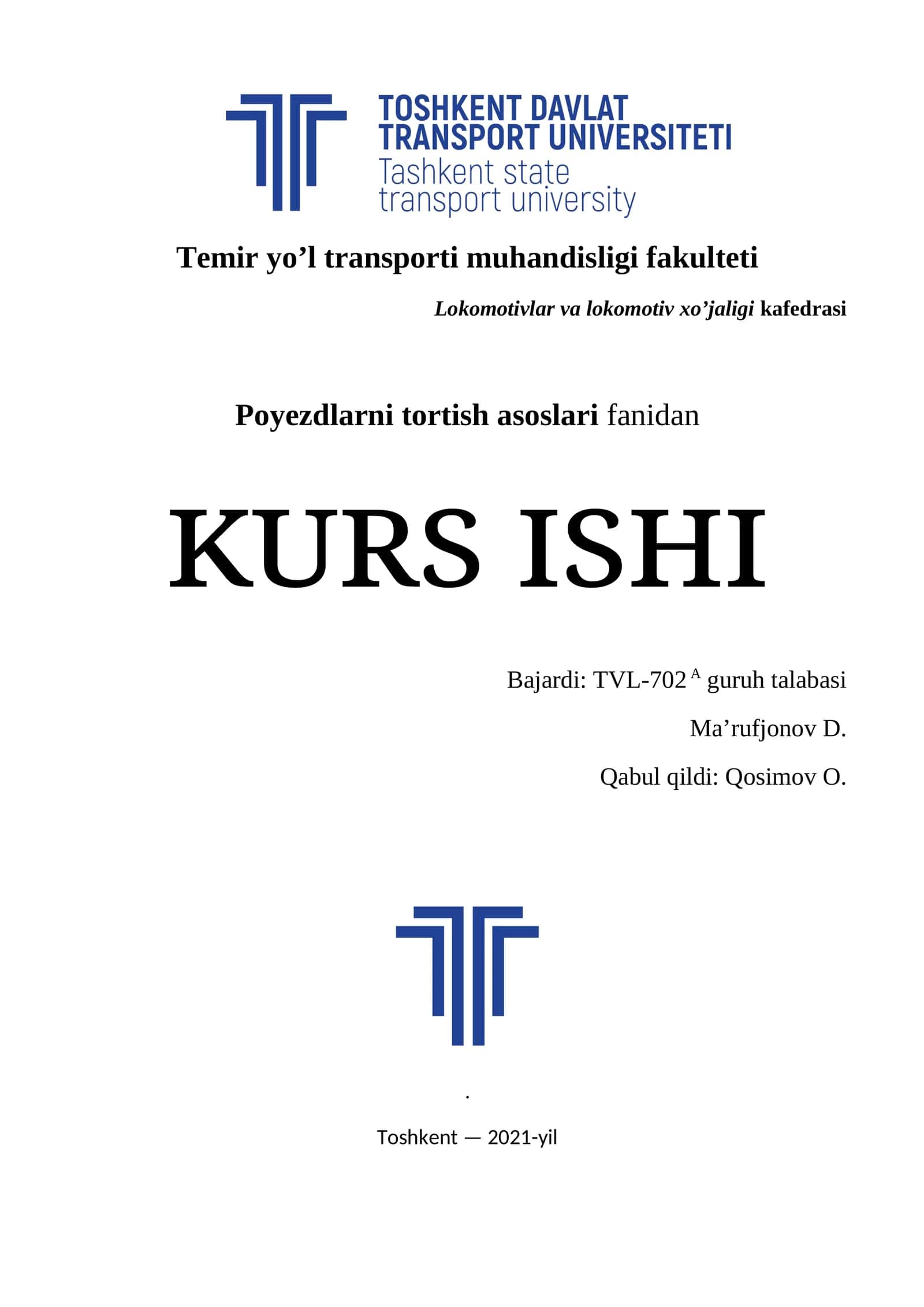 Poyezdlarni tortish asoslari fanidan 1
