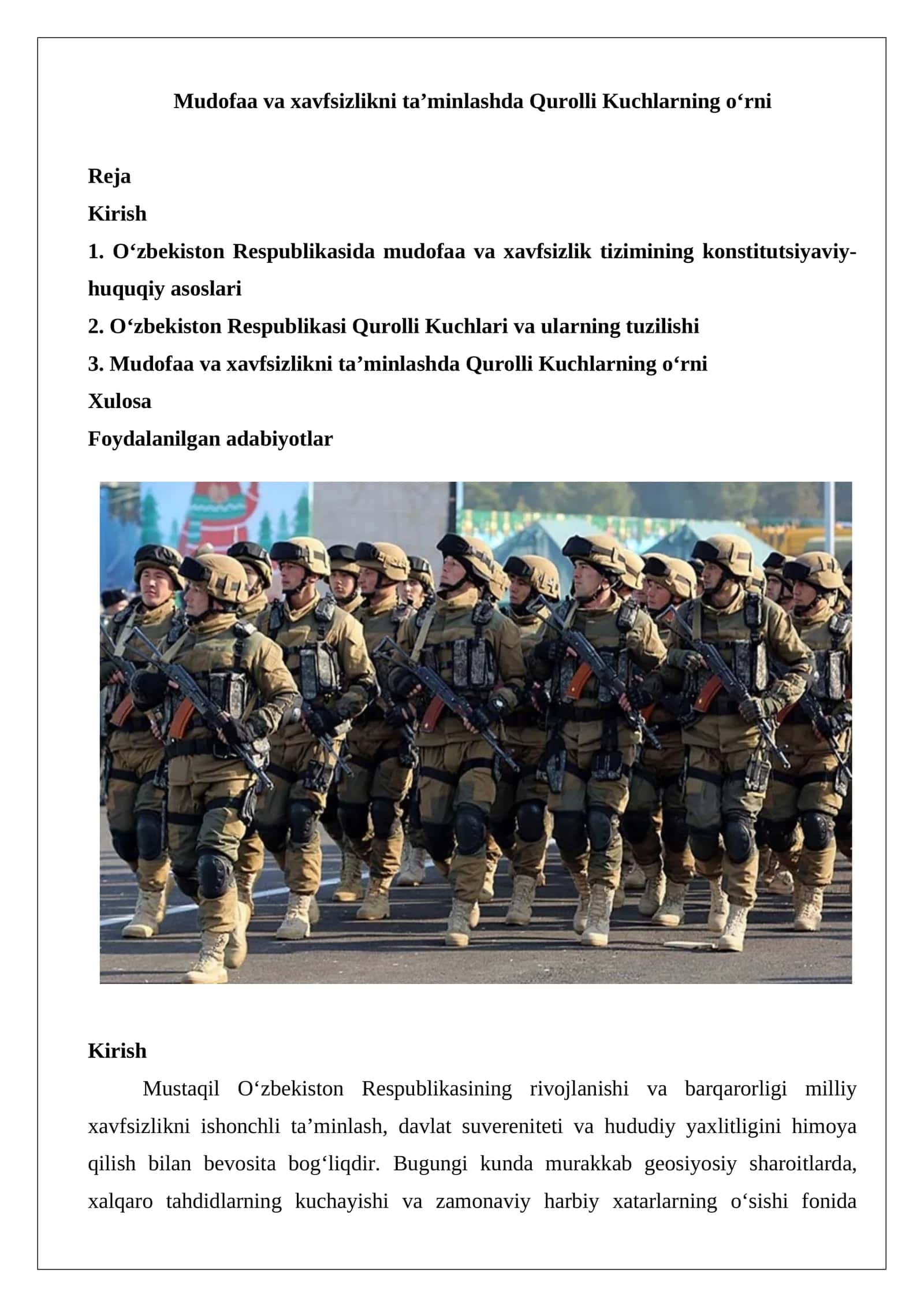 Mudofaa va xavfsizlikni ta’minlashda Qurolli Kuchlarning o‘rni 1