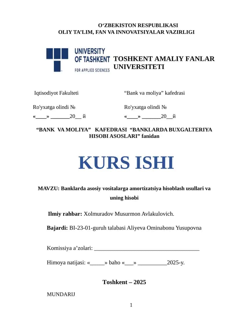Banklarda asosiy vositalarga amortizatsiya hisoblash usullari va uning hisobi 1