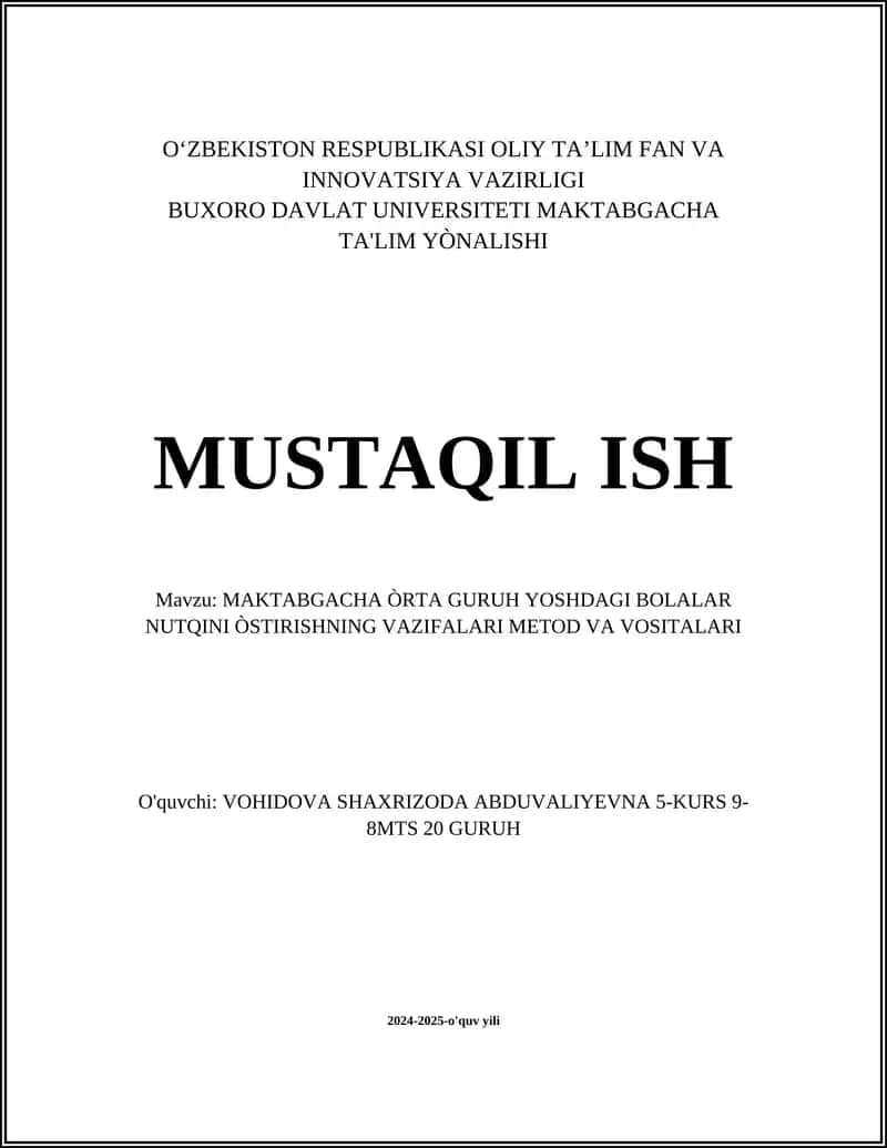 MAKTABGACHA ÒRTA GURUH YOSHDAGI BOLALAR NUTQINI ÒSTIRISHNING VAZIFALARI METOD VA VOSITALARI 1