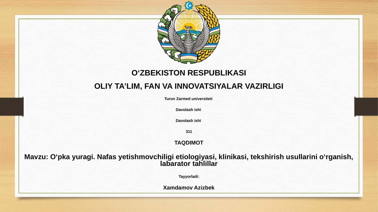 Oʻpka yuragi. Nafas yetishmovchiligi etiologiyasi, klinikasi, tekshirish usullarini oʻrganish, labarator tahlillar 1