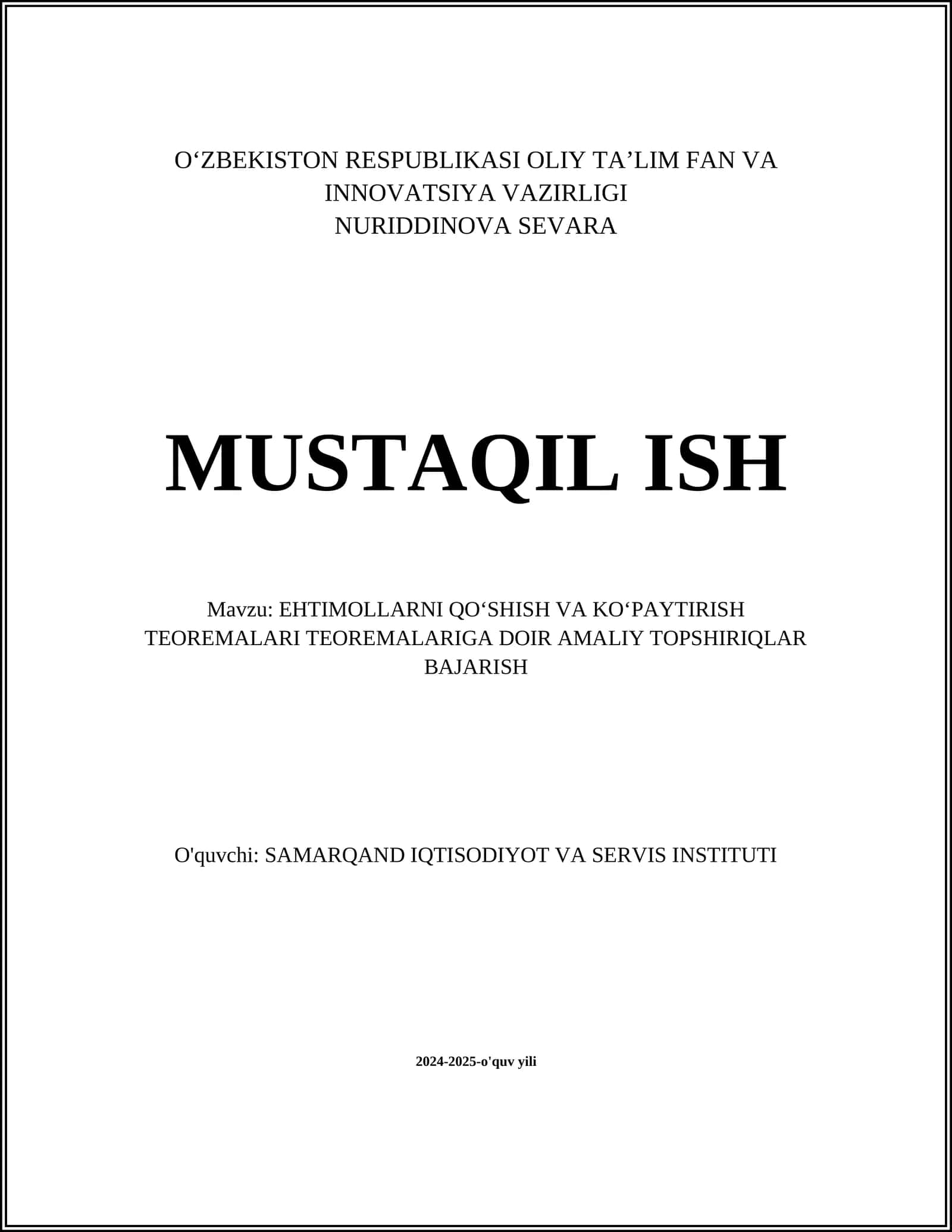 EHTIMOLLARNI QOʻSHISH VA KOʻPAYTIRISH TEOREMALARI TEOREMALARIGA DOIR AMALIY TOPSHIRIQLAR BAJARISH 1