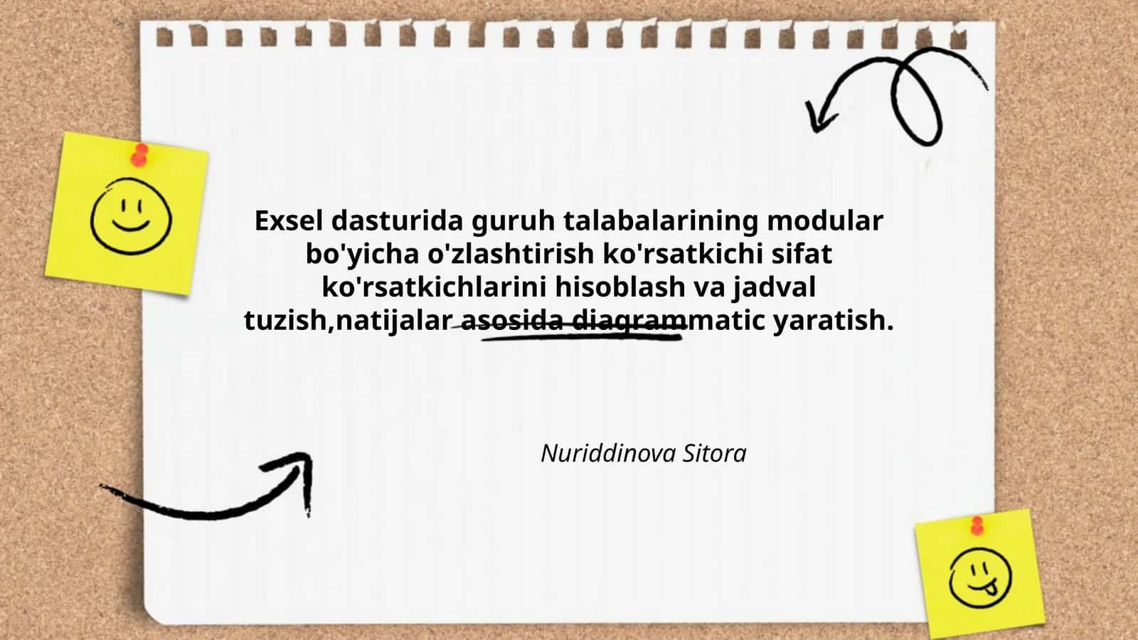 Exsel dasturida guruh talabalarining modular bo'yicha o'zlashtirish ko'rsatkichi sifat ko'rsatkichlarini hisoblash va jadval tuzish,natijalar asosida diagrammatic yaratish 1