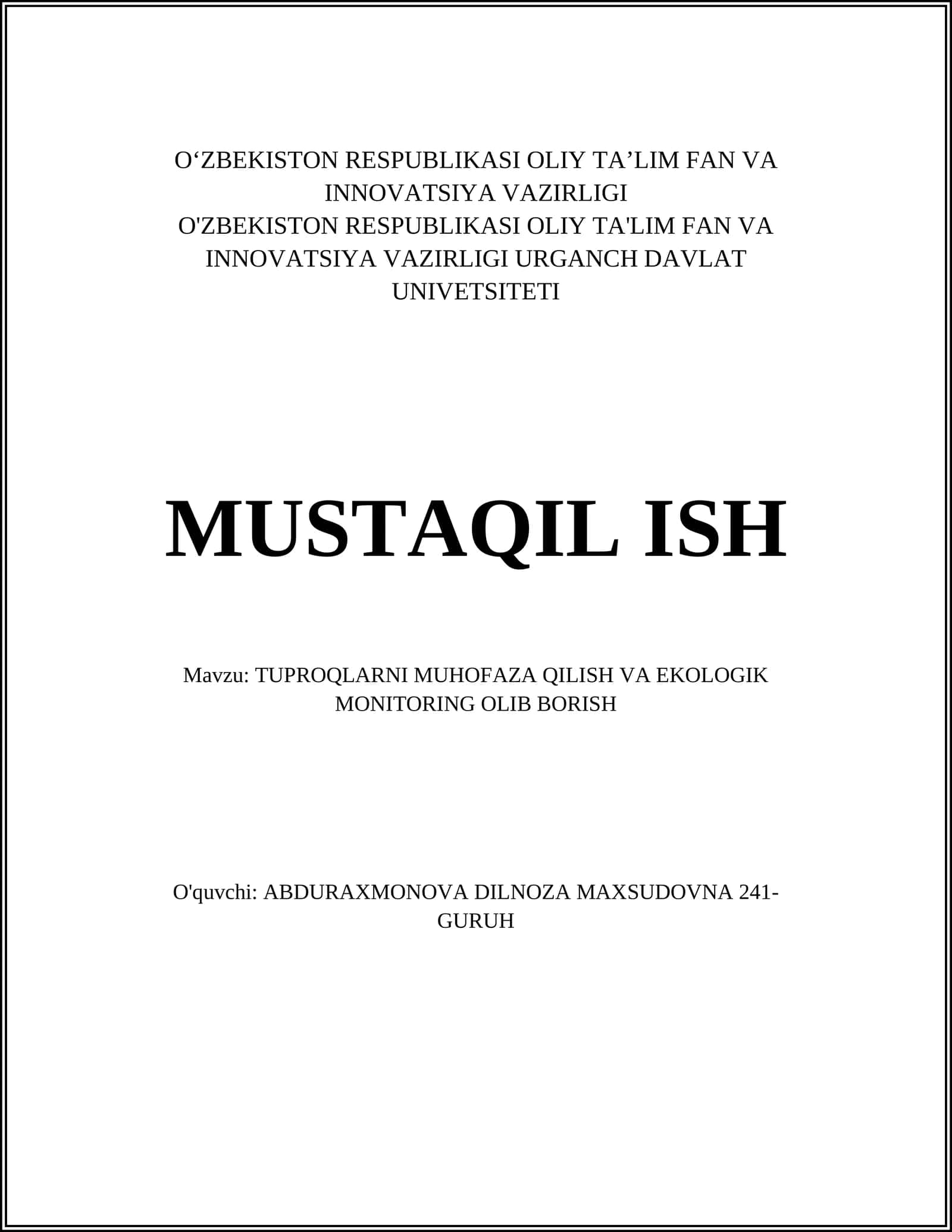 TUPROQLARNI MUHOFAZA QILISH VA EKOLOGIK MONITORING OLIB BORISH 1