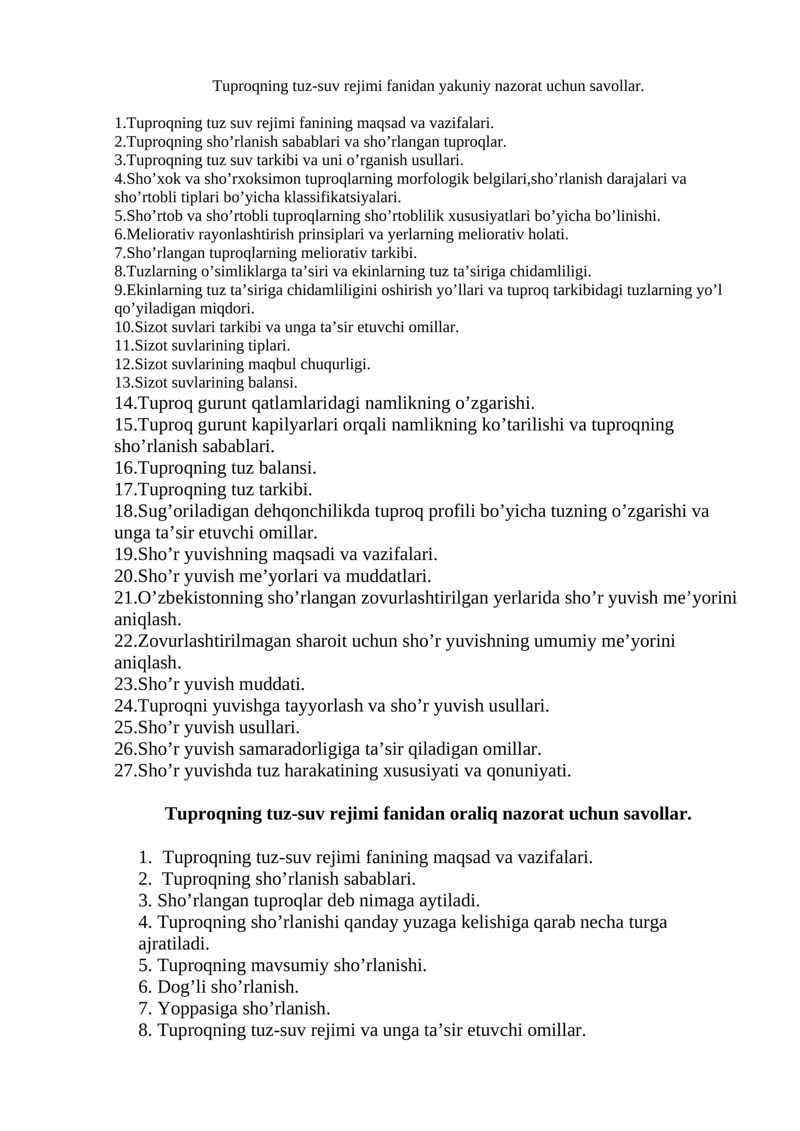 Tuproqning tuz-suv rejimi fanidan yakuniy nazorat uchun savollar 1
