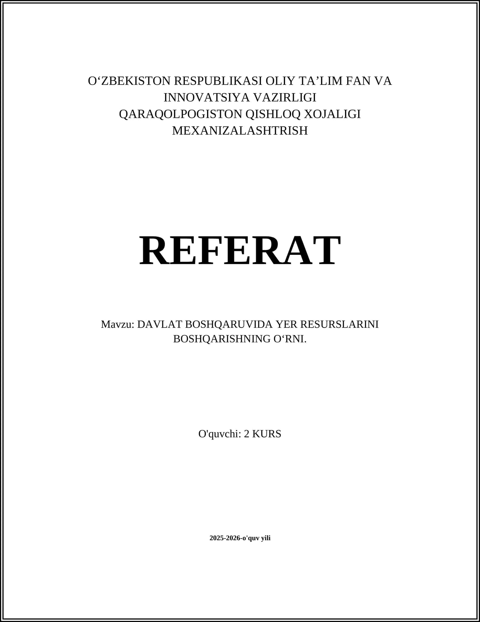 DAVLAT BOSHQARUVIDA YER RESURSLARINI BOSHQARISHNING O‘RNI 1
