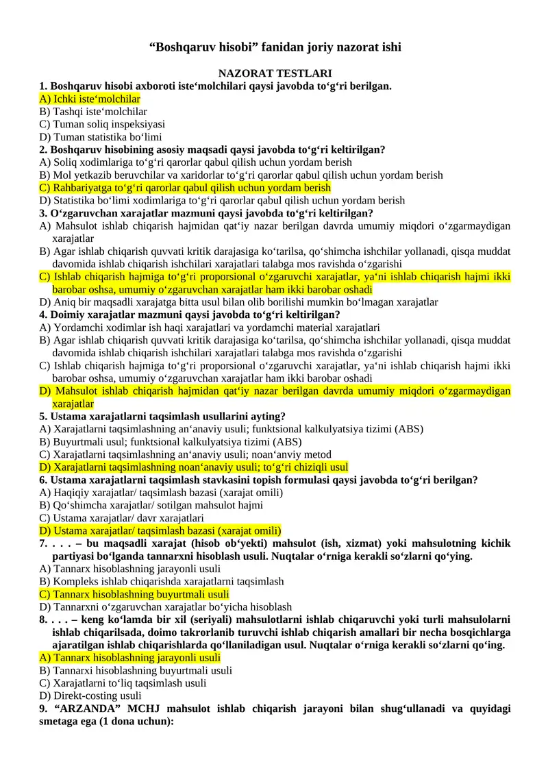 Boshqaruv hisobi fanidan joriy nazorat ishi 1
