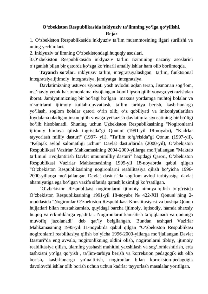 O‘zbekiston Respublikasida Inklyuziv Ta’limning Yo‘lga Qo‘yilishi 1