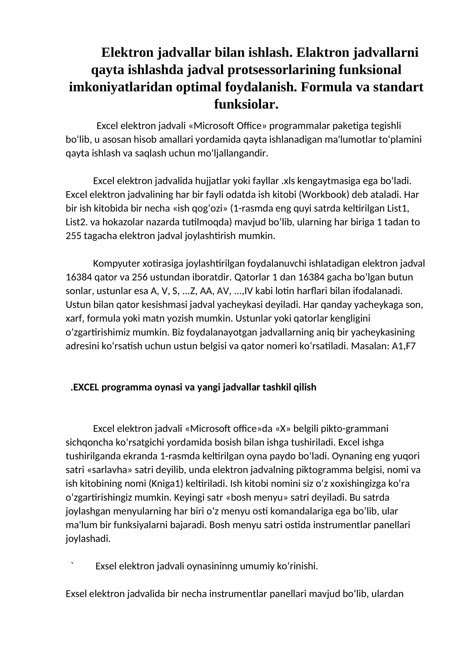 Excel elеktron jadvali 1