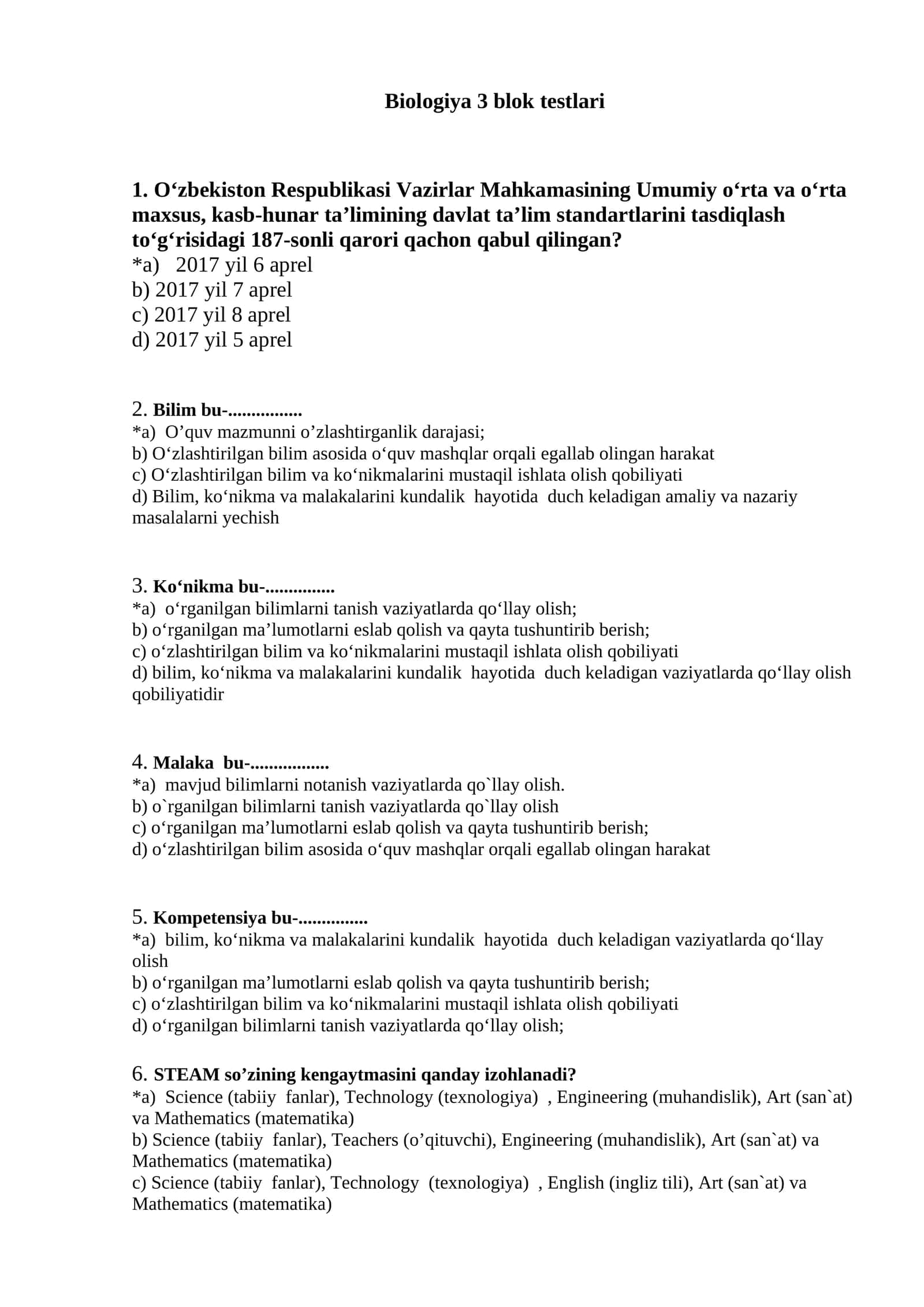 Biologiya fanidan testlar 1