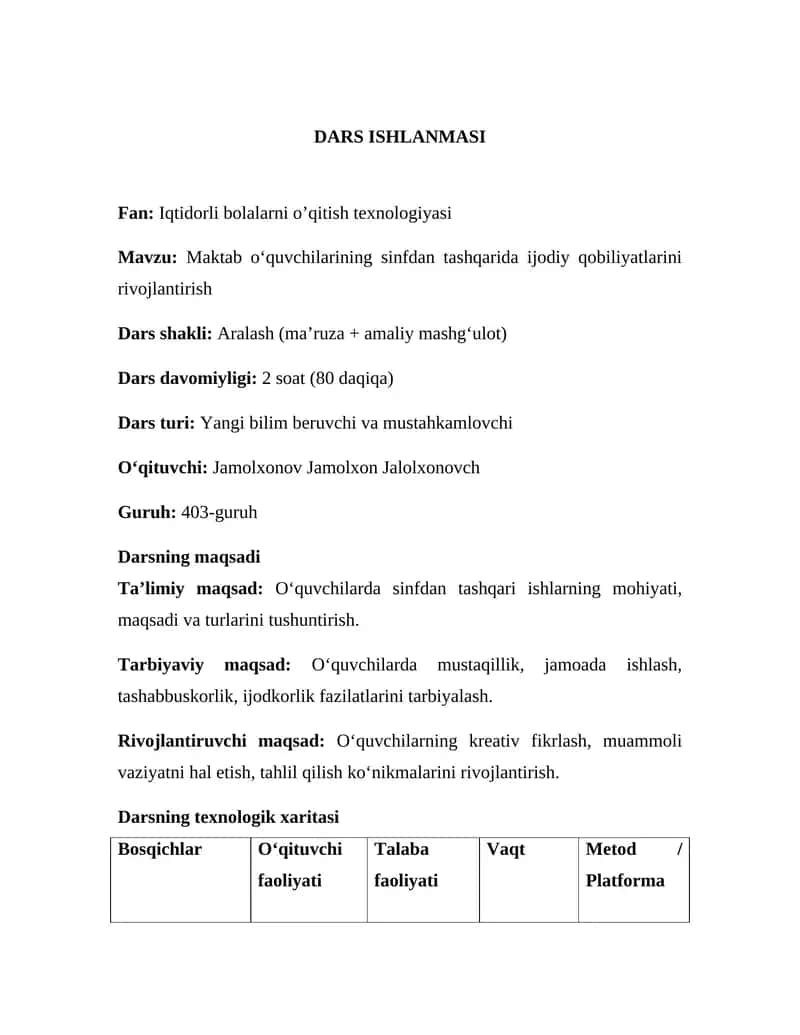 Iqtidorli bolalarni o’qitish texnologiyasi. DARS ISHLANMA 1
