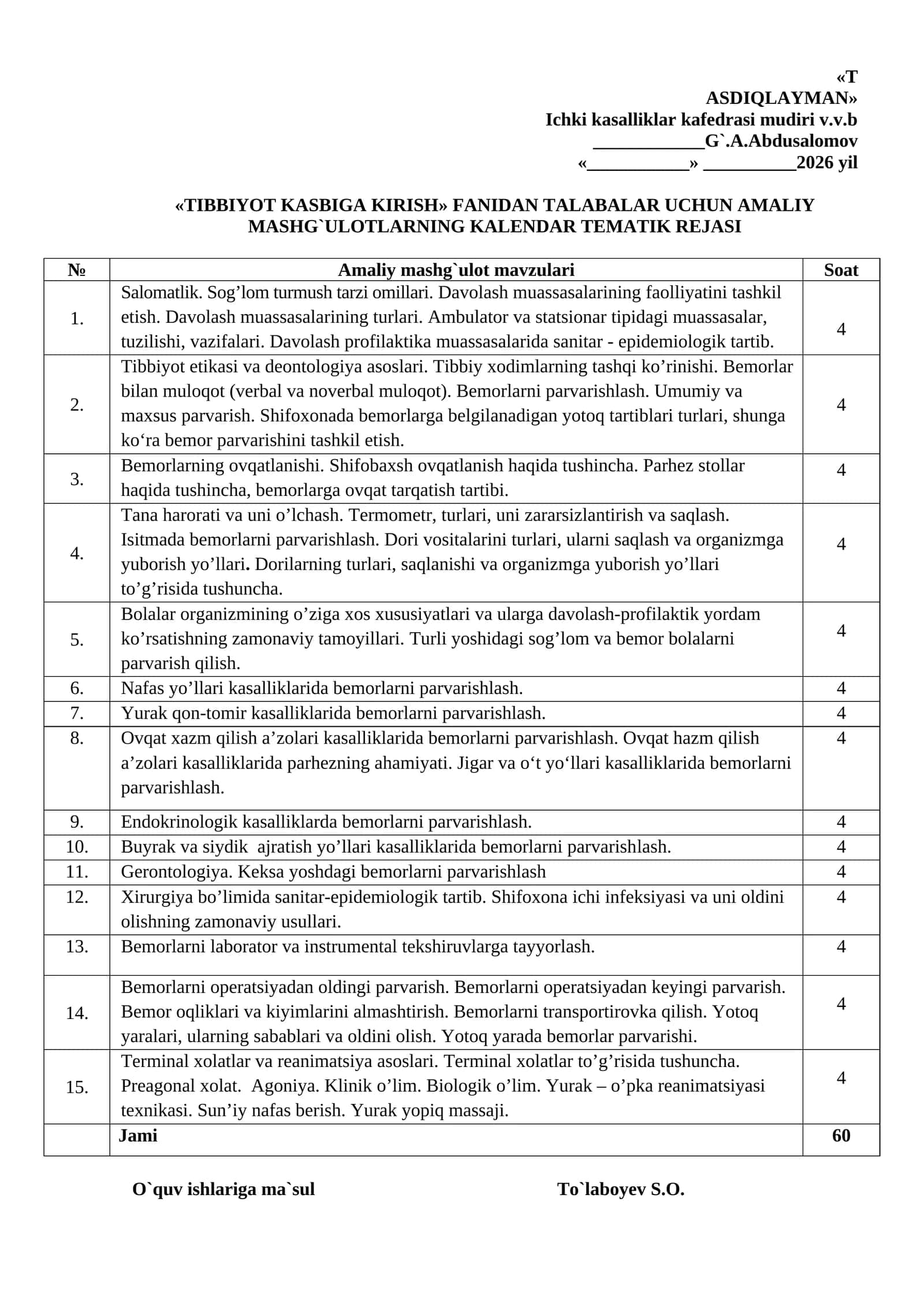 TIBBIYOT KASBIGA KIRISH. AMALIY MASHG`ULOTLARNING KALENDAR TEMATIK REJASI 1