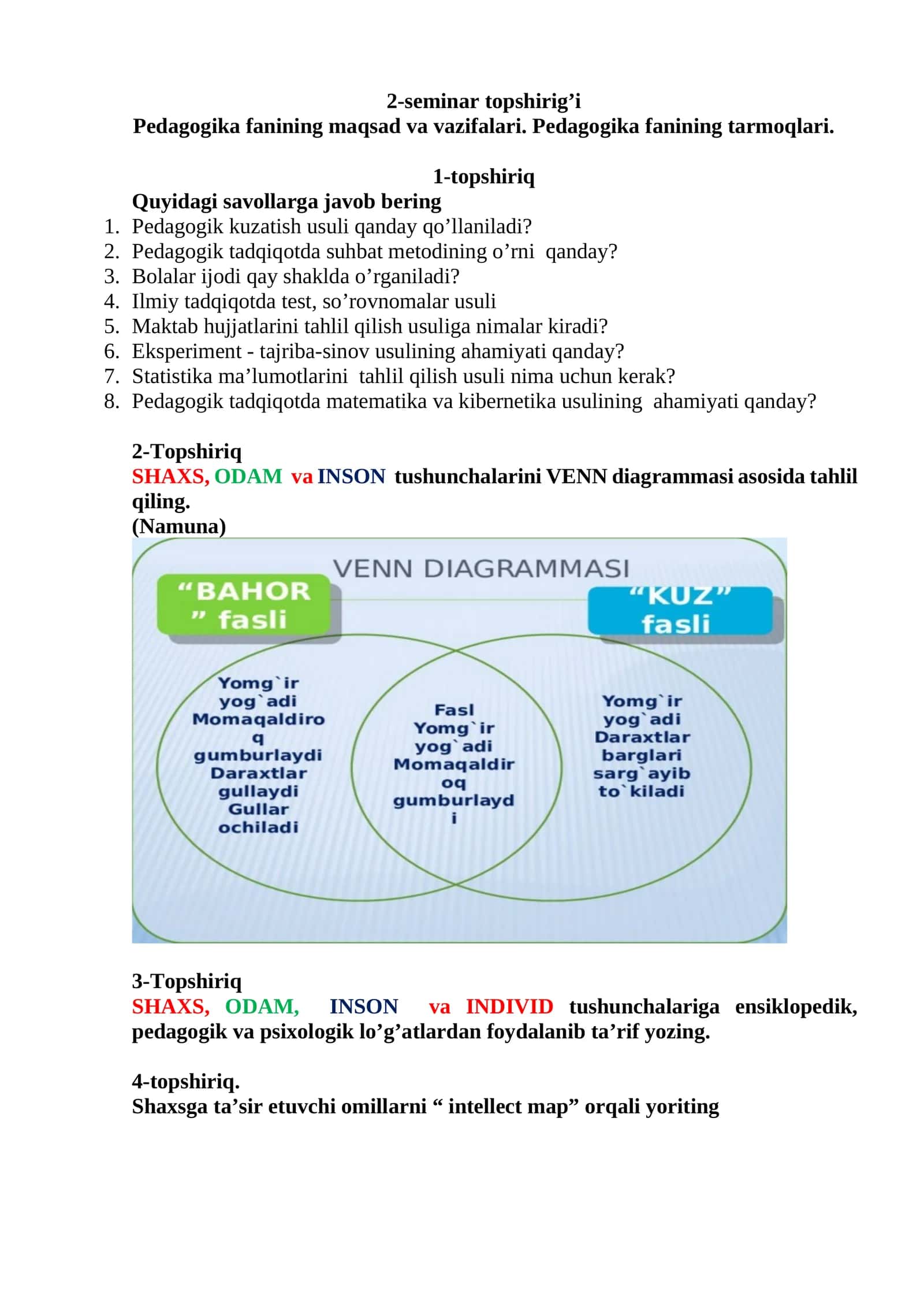 Pedagogika fanining maqsad va vazifalari. Pedagogika fanining tarmoqlari 1