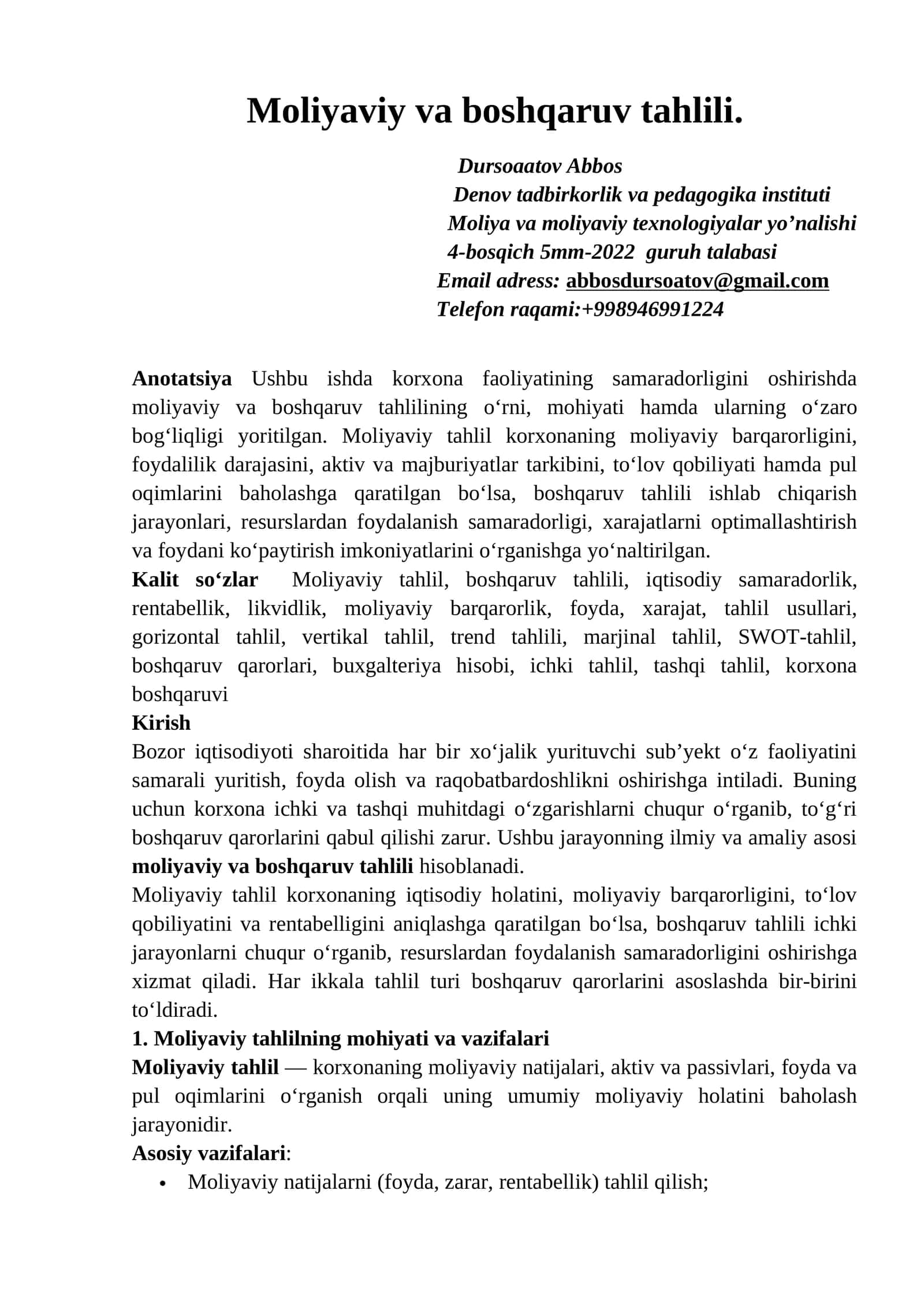 Moliyaviy va boshqaruv tahlili 1