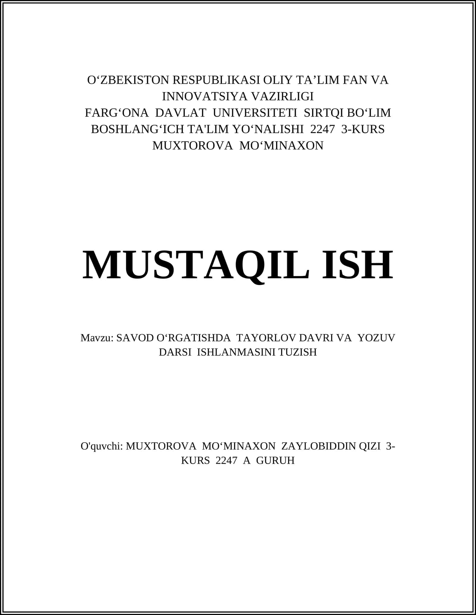 SAVOD OʻRGATISHDA TAYORLOV DAVRI VA YOZUV DARSI ISHLANMASINI TUZISH 1