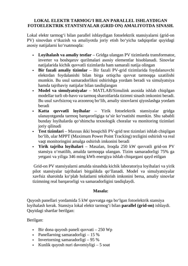 LOKAL ELEKTR TARMOG‘I BILAN PARALLEL ISHLAYDIGAN FOTOELEKTRIK STANTSIYALAR (GRID ON) AMALIYOTDA SINASH 1