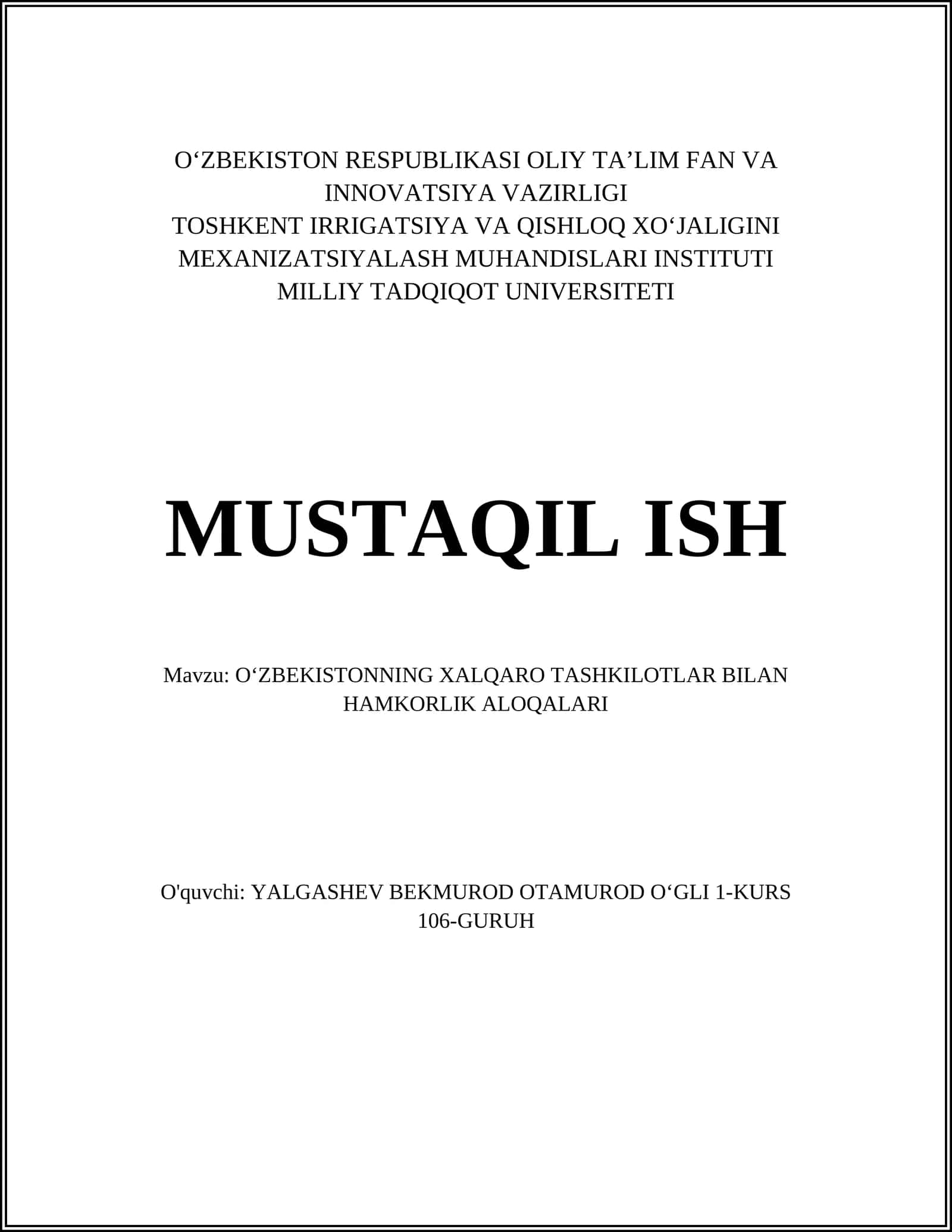 OʻZBEKISTONNING XALQARO TASHKILOTLAR BILAN HAMKORLIK ALOQALARI 1