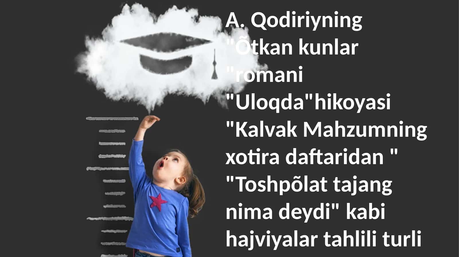 Qodiriyning "Õtkan kunlar "romani "Uloqda"hikoyasi "Kalvak Mahzumning xotira daftaridan " "Toshpõlat tajang nima deydi" kabi hajviyalar tahlili turli metodlar bilan 1