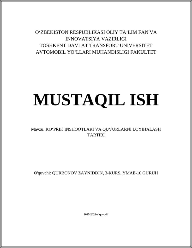 KOʻPRIK INSHOOTLARI VA QUVURLARNI LOYIHALASH TARTIBI 1