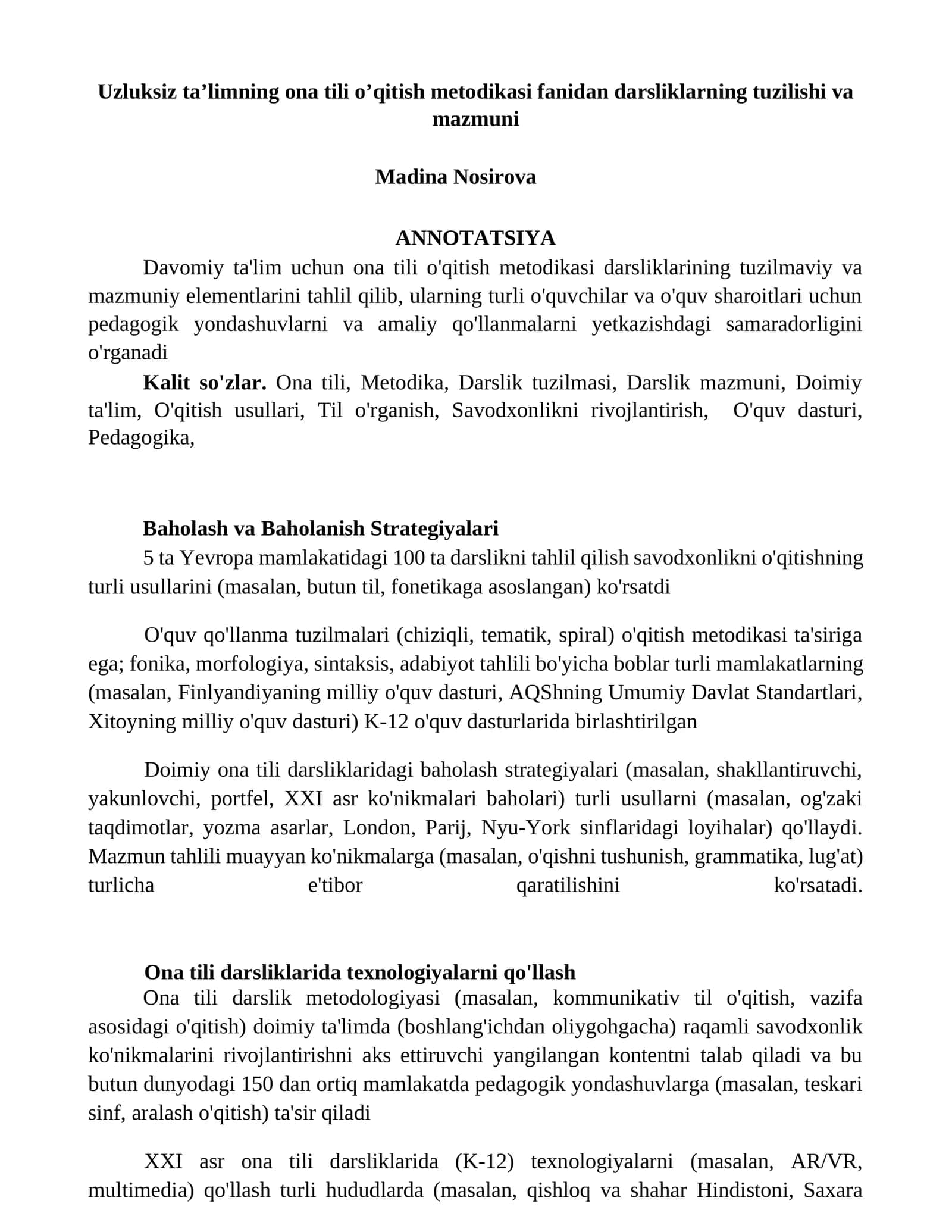 Uzluksiz ta’limning ona tili o’qitish metodikasi fanidan darsliklarning tuzilishi va mazmuni 1