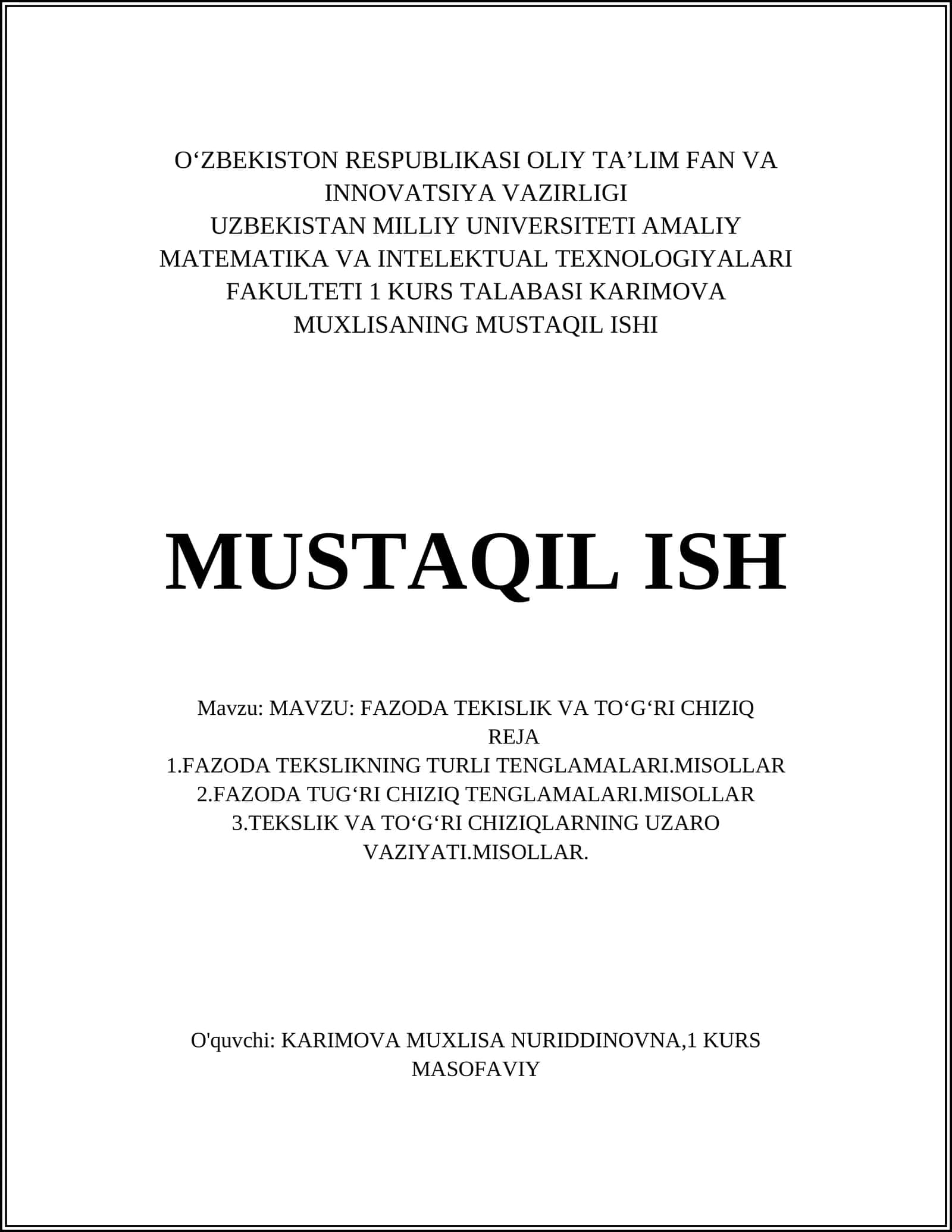 Fazoda tekislikning umumiy tenglamasi 1
