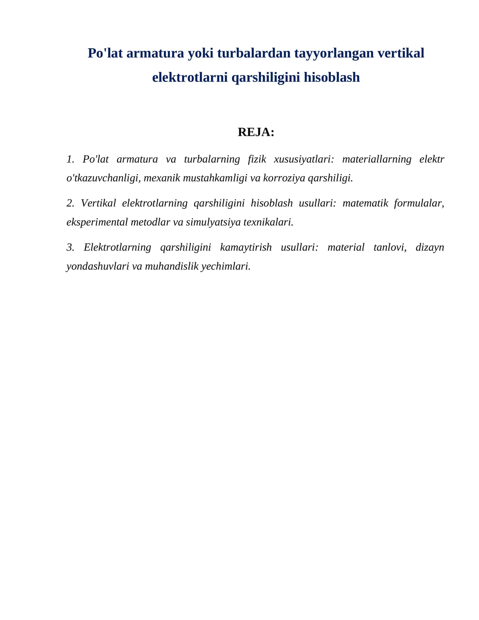Po'lat armatura yoki turbalardan tayyorlangan vertikal elektrotlarni qarshiligini hisoblash 1