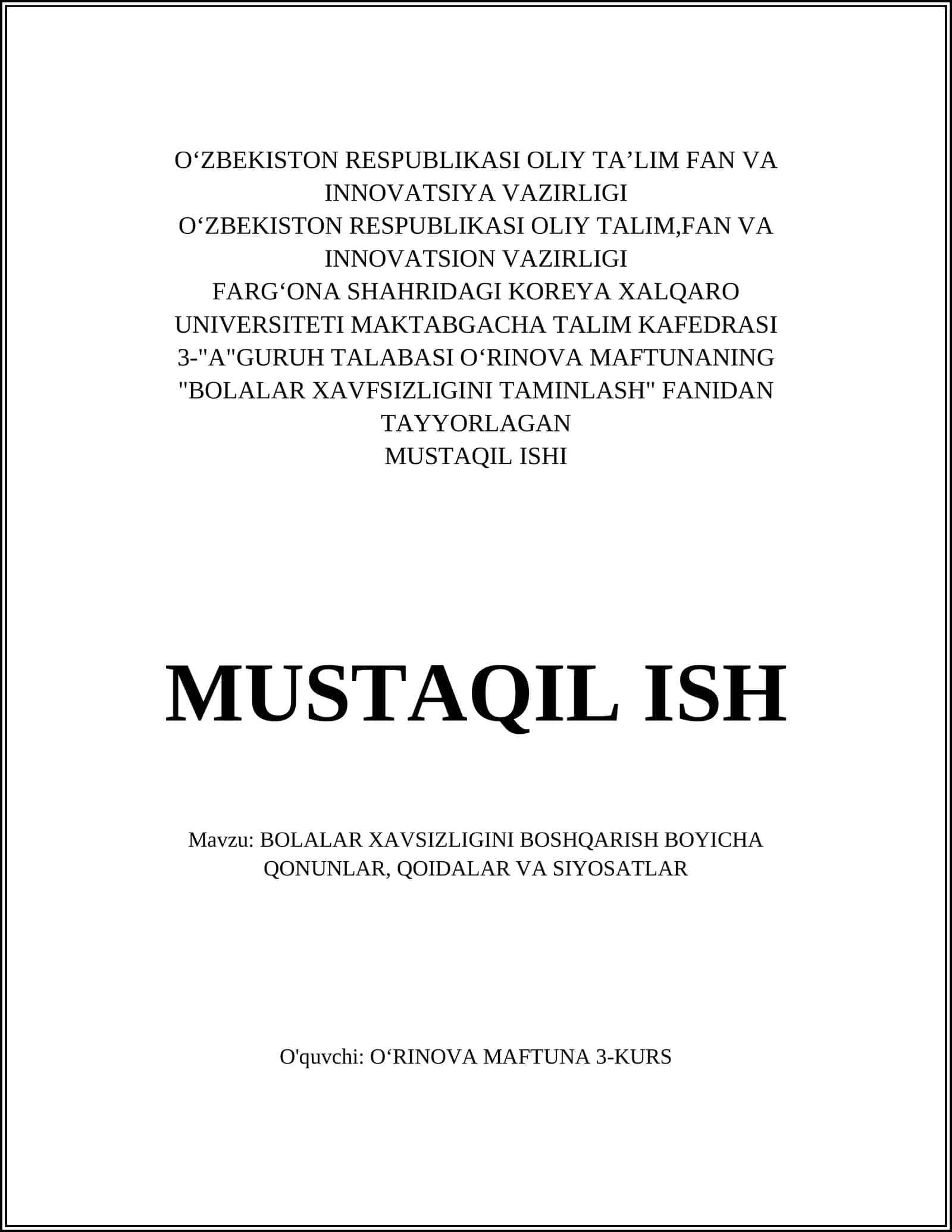 BOLALAR XAVSIZLIGINI BOSHQARISH BOYICHA QONUNLAR, QOIDALAR VA SIYOSATLAR 1