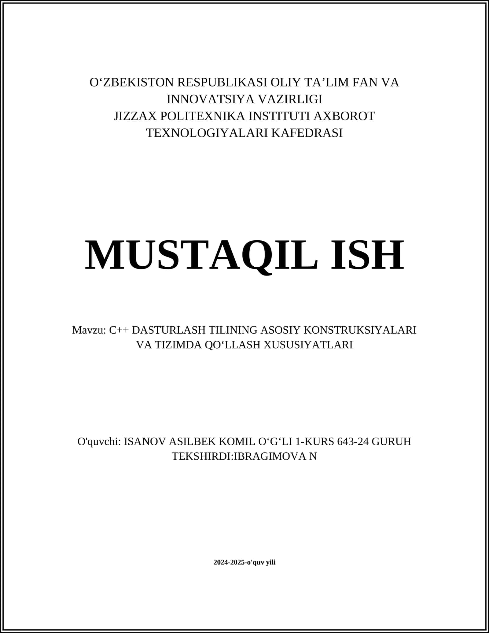 C++ DASTURLASH TILINING ASOSIY KONSTRUKSIYALARI VA TIZIMDA QOʻLLASH XUSUSIYATLARI 1