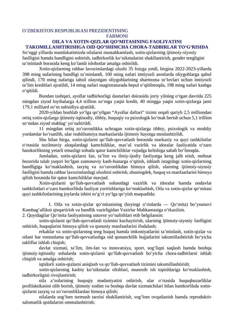 OILA VA XOTIN-QIZLAR QO‘MITASINING FAOLIYATINI TAKOMILLASHTIRISHGA OID QO‘SHIMCHA CHORA-TADBIRLAR TO‘G‘RISIDA 1