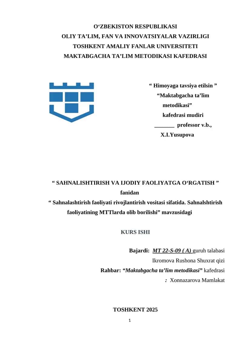 Sahnalashtirish faoliyati rivojlantirish vositasi sifatida. Sahnalshtirish faoliyatining MTTlarda olib borilishi 1