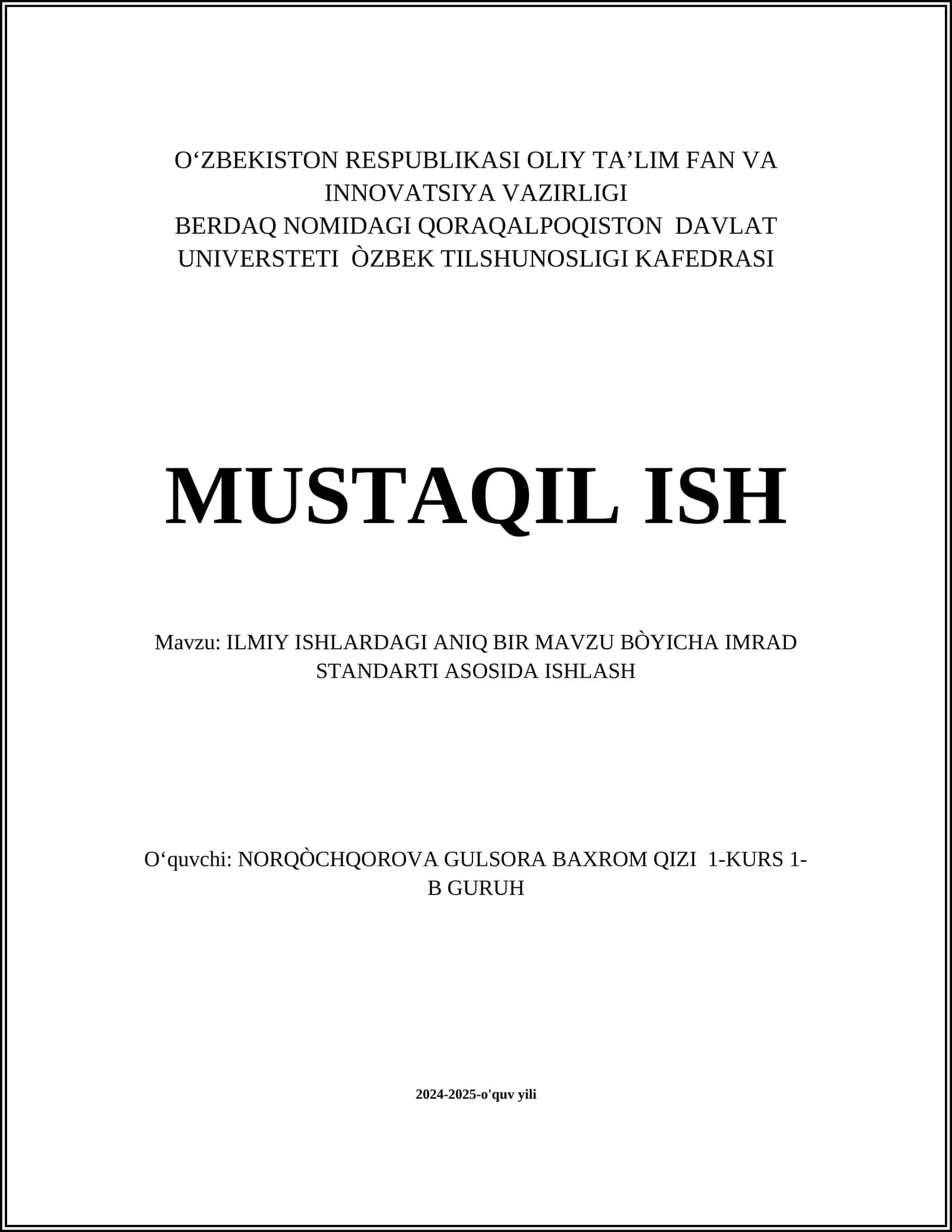 ILMIY ISHLARDAGI ANIQ BIR MAWZU BO'YICHA IMRAD STANDARTI ASOSIDA ISHLASH 1