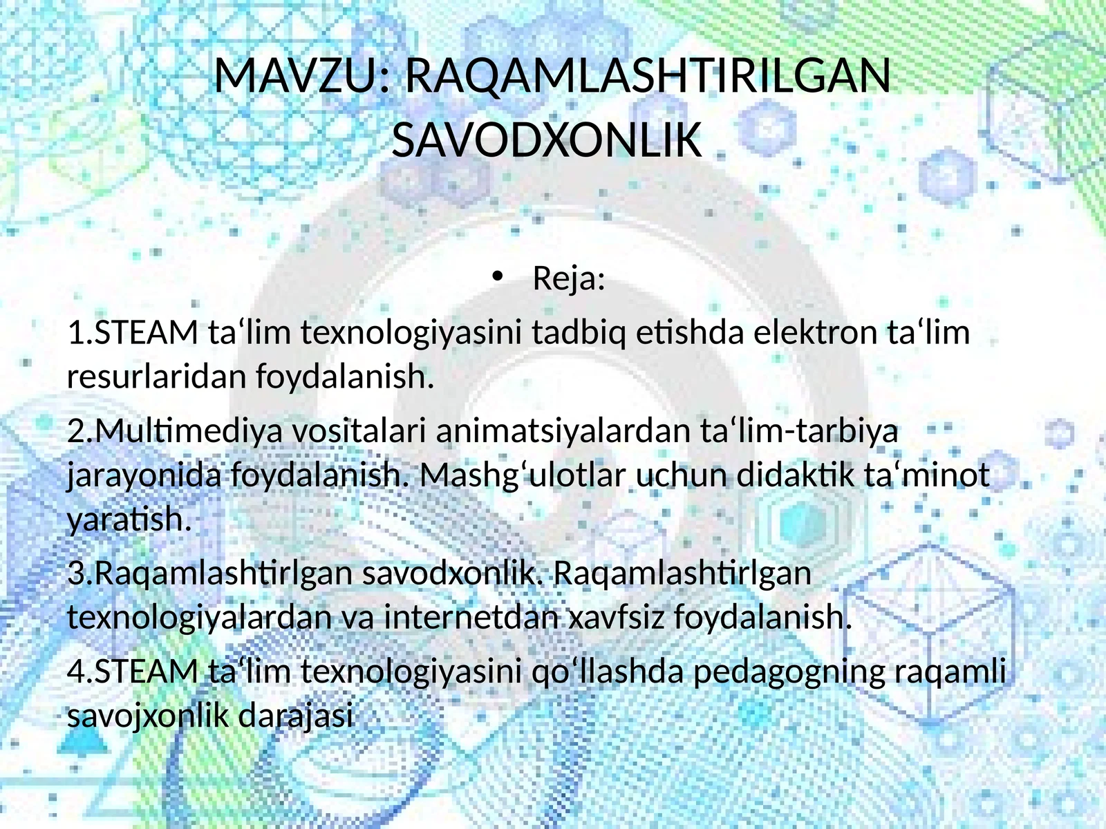 RAQAMLASHTIRILGAN SAVODXONLIK 1