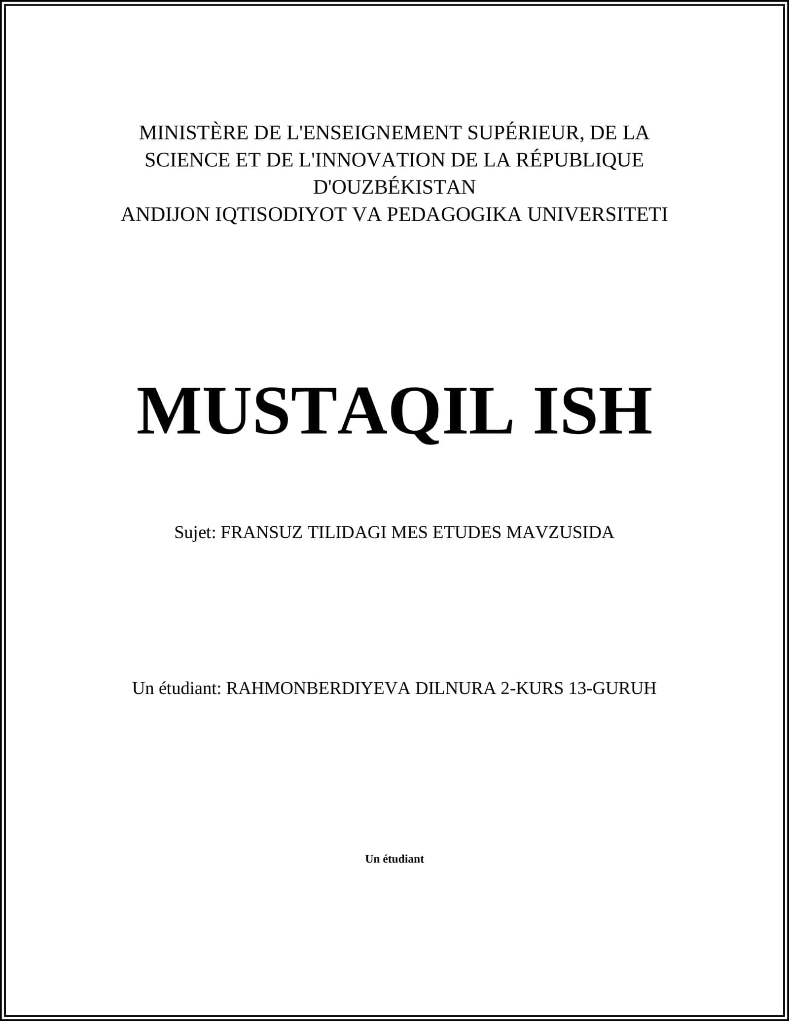 FRANSUZ TILIDAGI MES ETUDES MAVZUSIDA 1