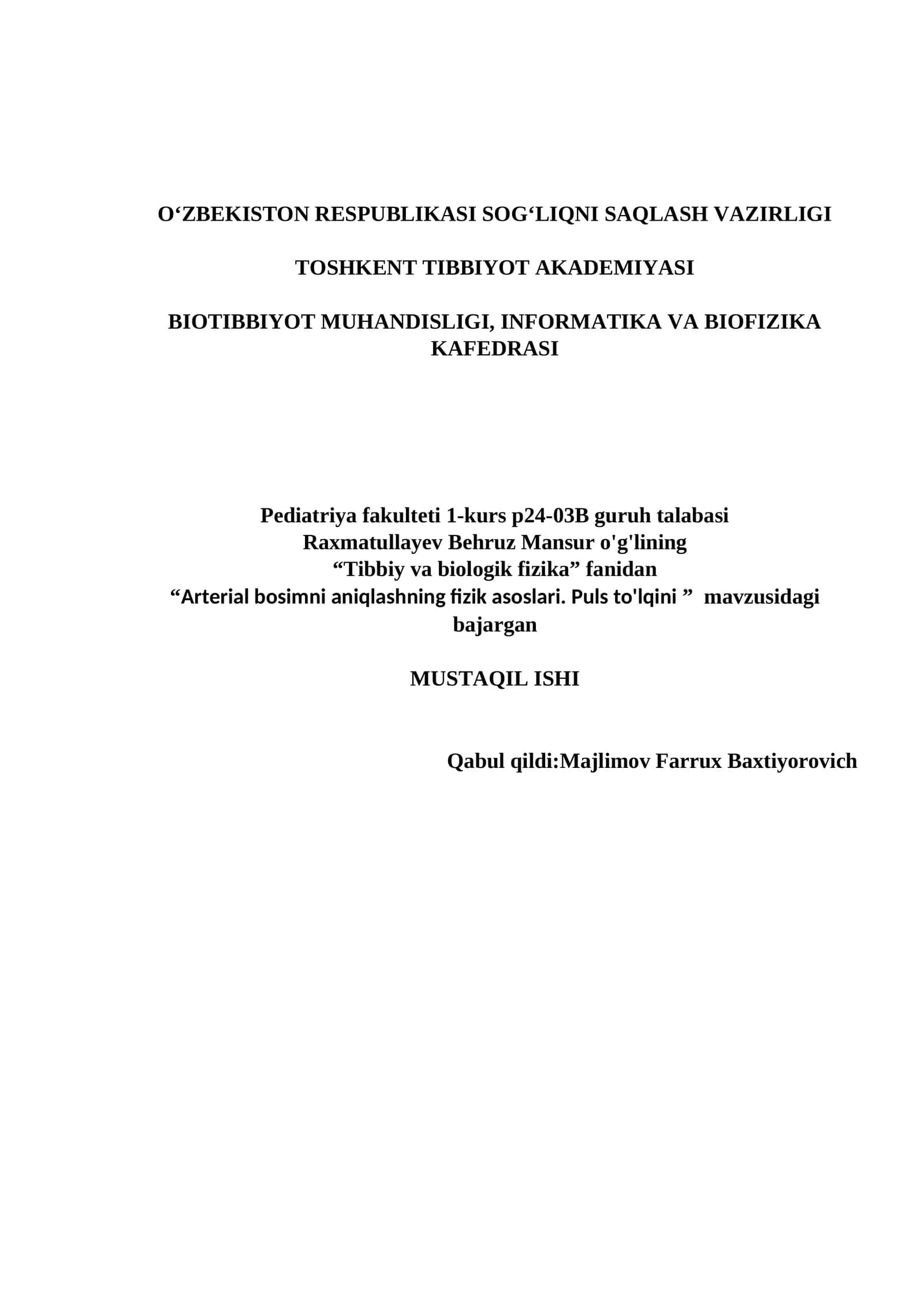 Arterial bosimni aniqlashning fizik asoslari. Puls to'lqini 1