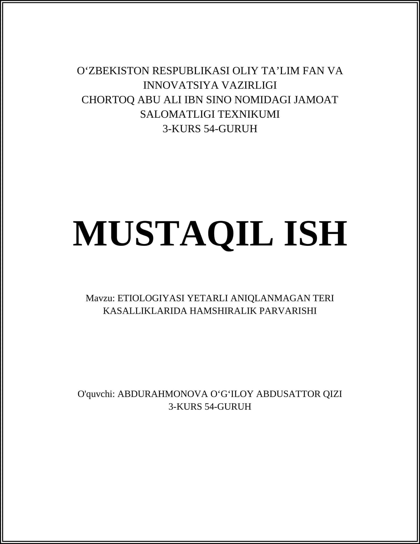 ETIOLOGIYASI YETARLI ANIQLANMAGAN TERI KASALLIKLARIDA HAMSHIRALIK PARVARISHI 1