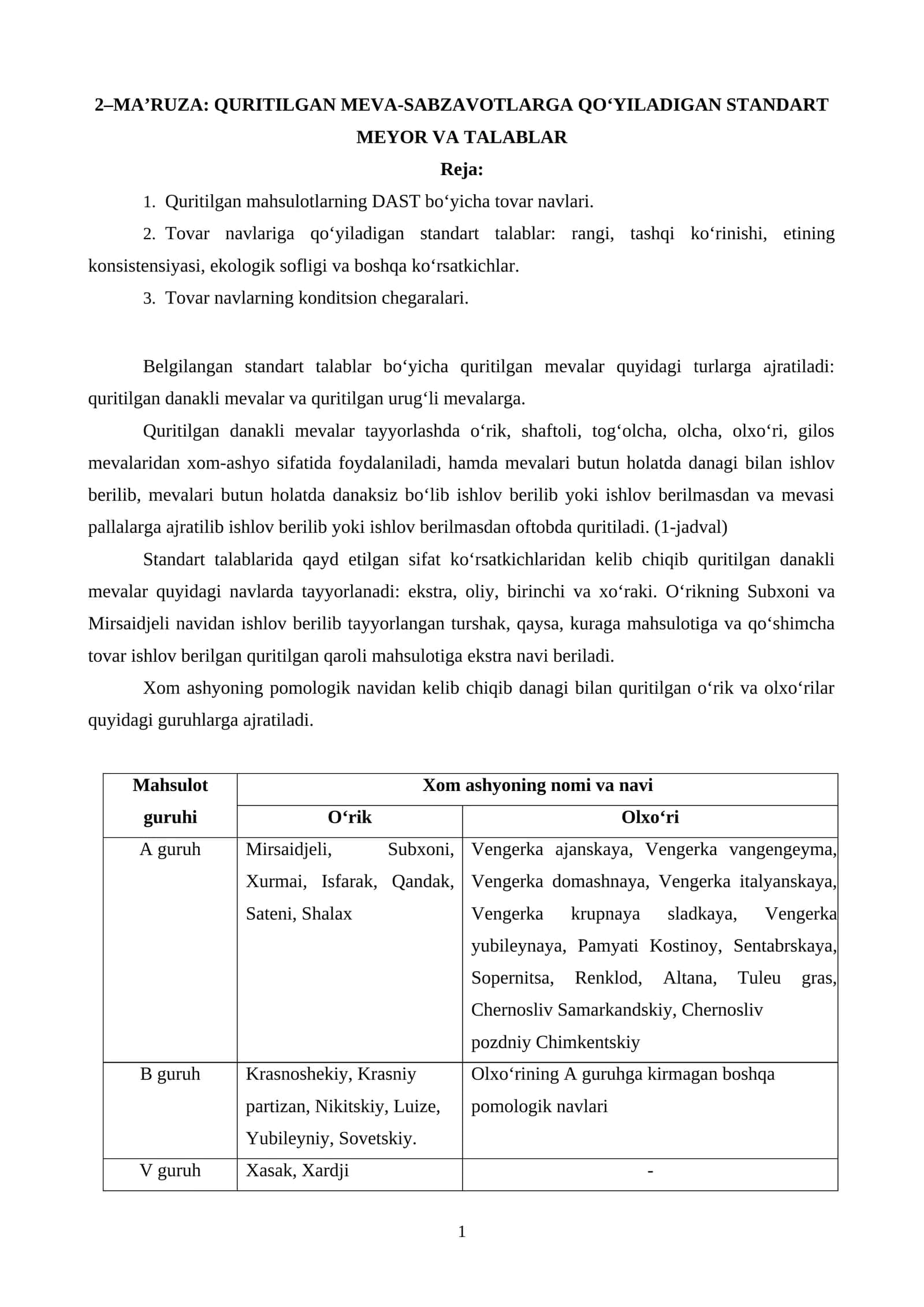Quritilgan Meva-Sabzavotlarga Qo‘yiladigan Standart Meyor va Talablar 1