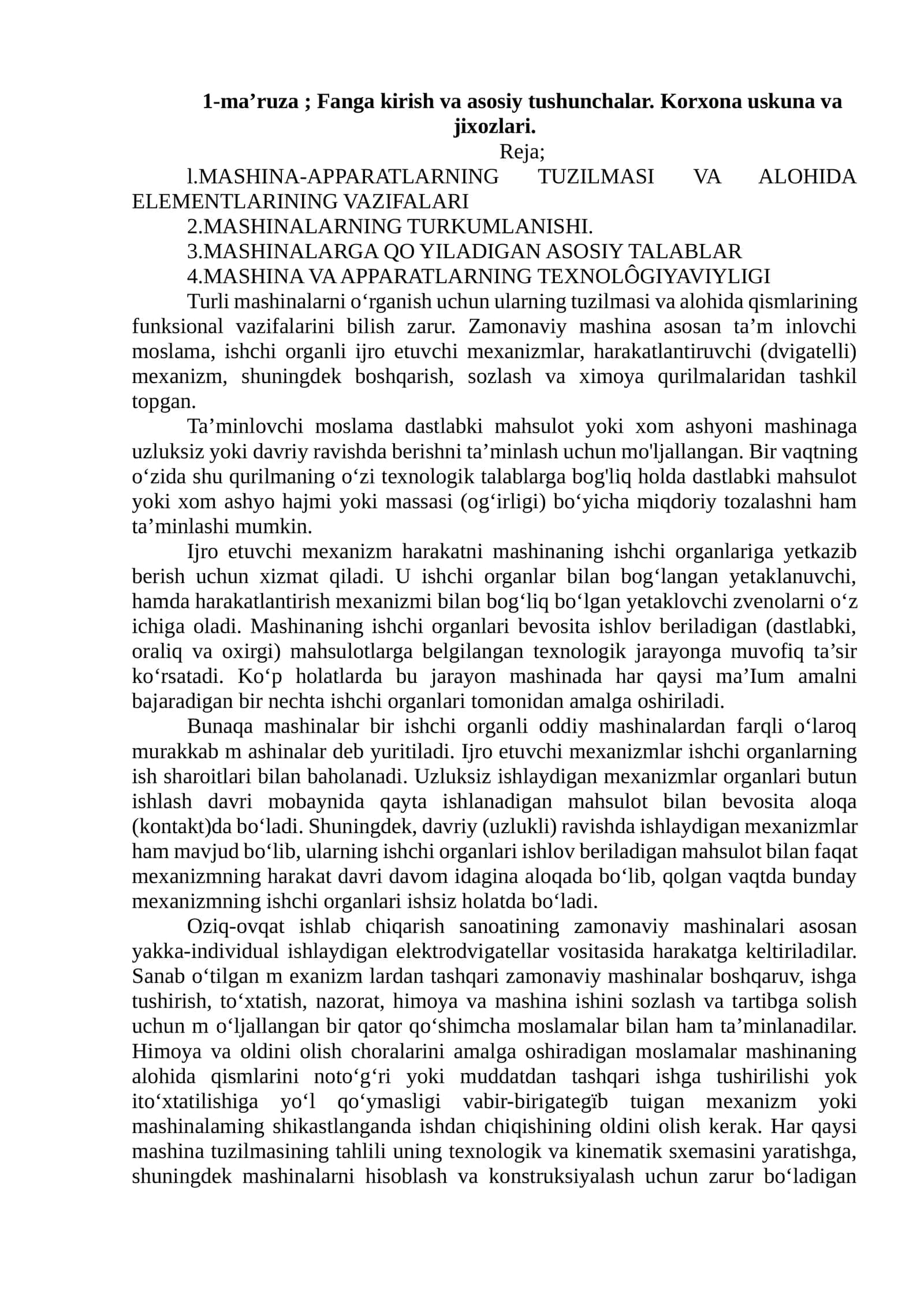 MASHINA-APPARATLARNING TUZILMASI VA ALOHIDA ELEMENTLARINING VAZIFALARI 1